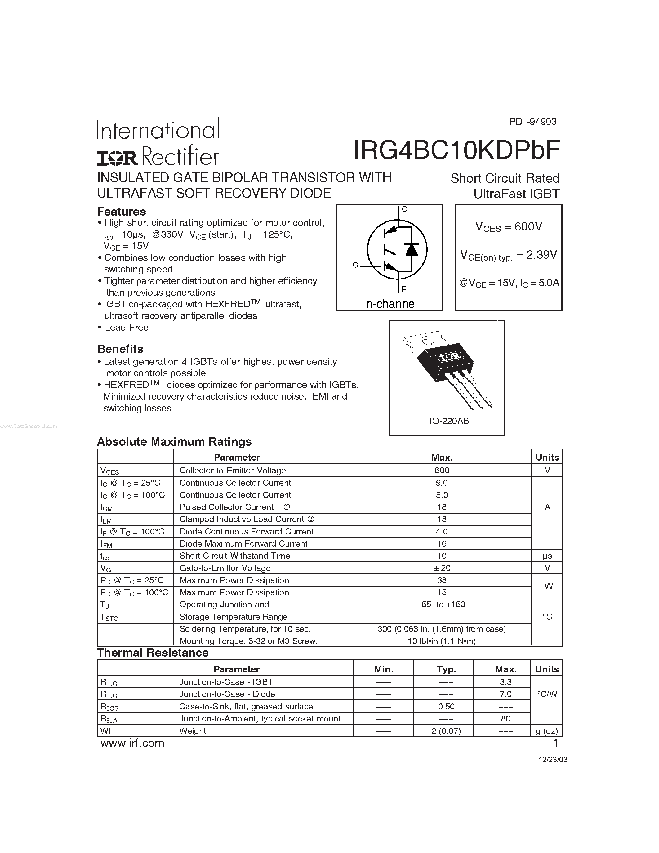 Datasheet IRG4BC10KDPBF - HEXFET Power MOSFET page 1