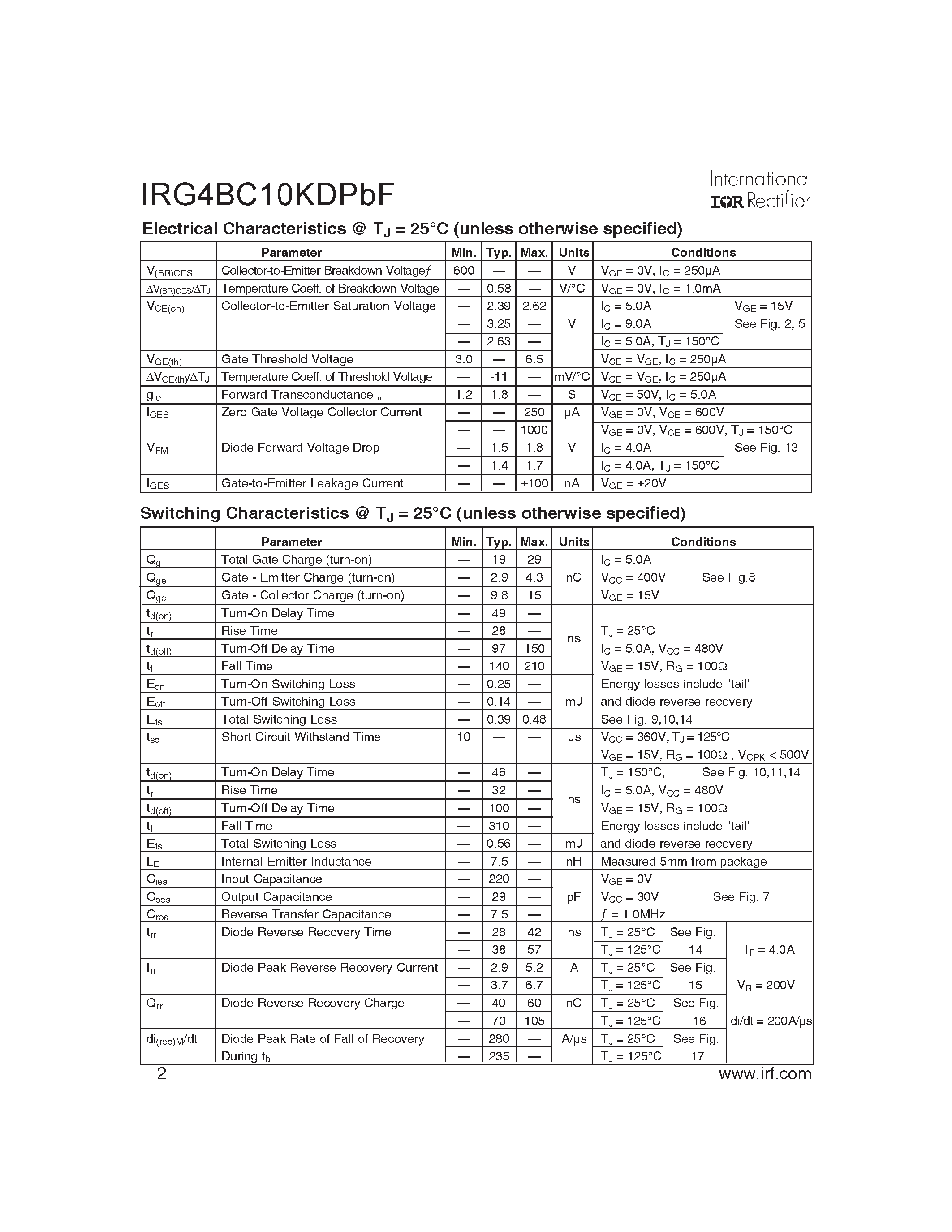 Datasheet IRG4BC10KDPBF - HEXFET Power MOSFET page 2