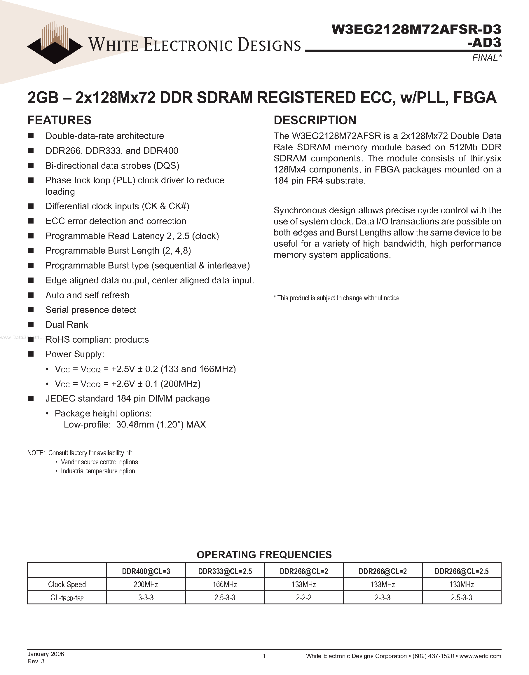 Datasheet W3EG2128M72AFSR-AD3 - 2GB - 2x128Mx72 DDR SDRAM REGISTERED ECC page 1