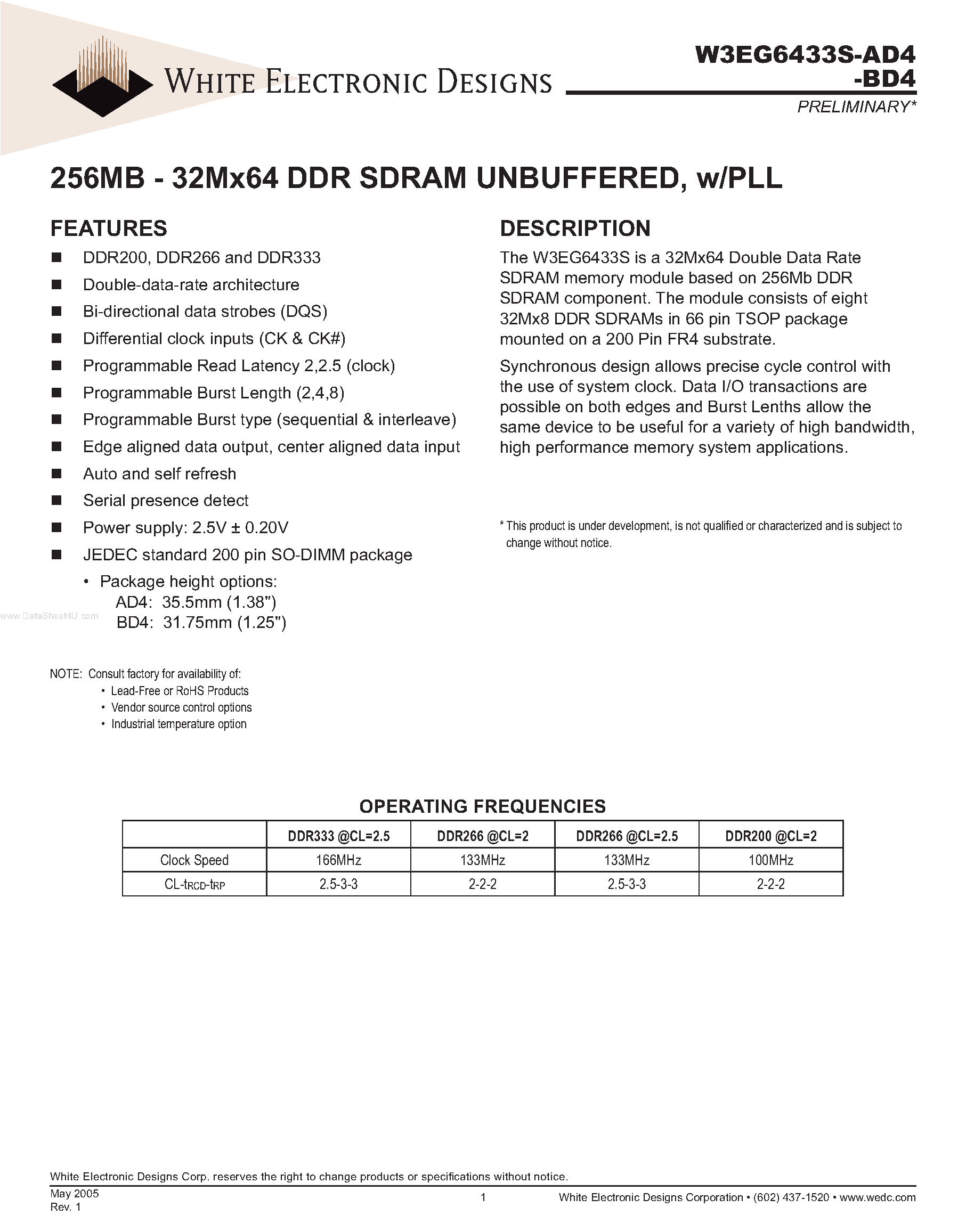 Даташит W3EG6433S-AD4 - 256MB - 32Mx64 DDR SDRAM UNBUFFERED страница 1