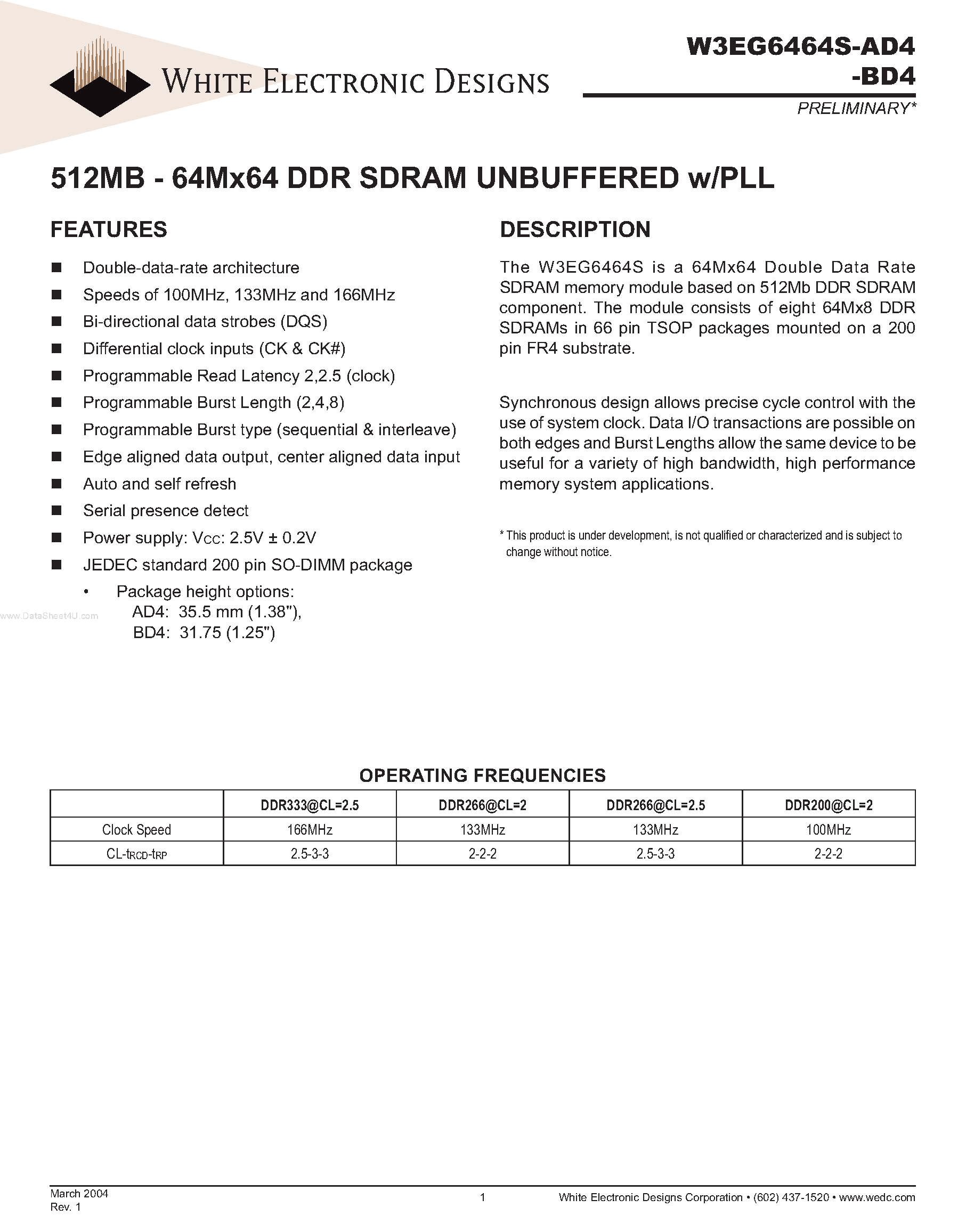 Datasheet W3EG6464S-AD4 - 512MB - 64Mx64 DDR SDRAM UNBUFFERED page 1