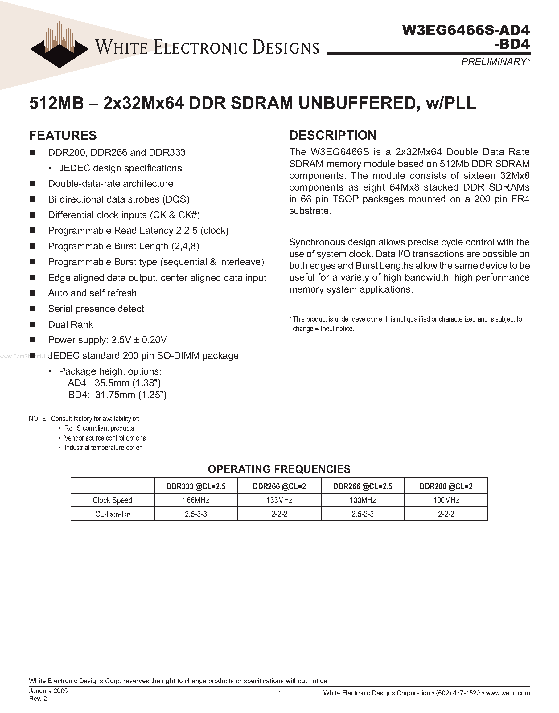 Datasheet W3EG6466S-AD4 - 512MB - 2x32Mx64 DDR SDRAM UNBUFFERED page 1