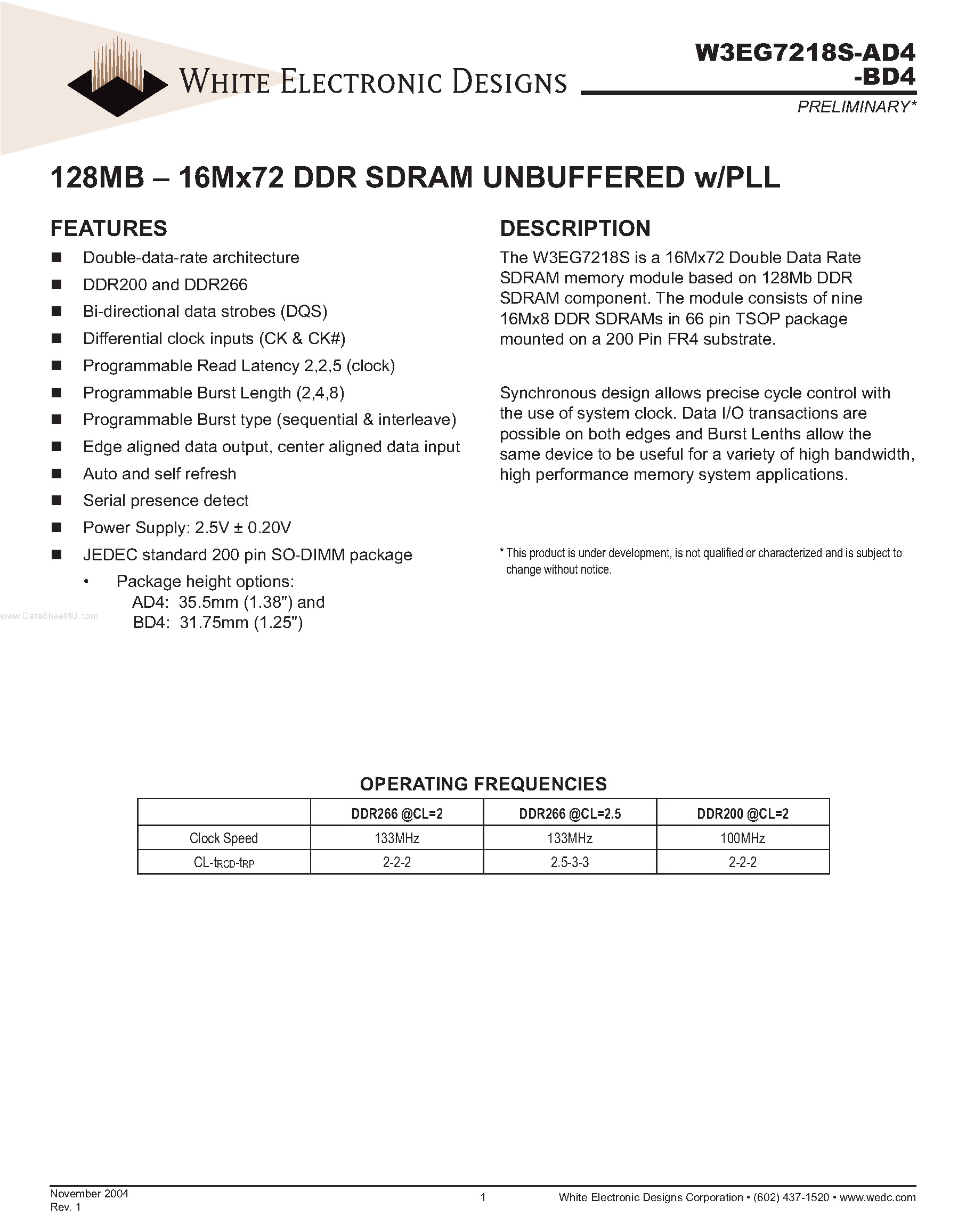 Datasheet W3EG7218S-AD4 - 128MB - 16Mx72 DDR SDRAM UNBUFFERED page 1