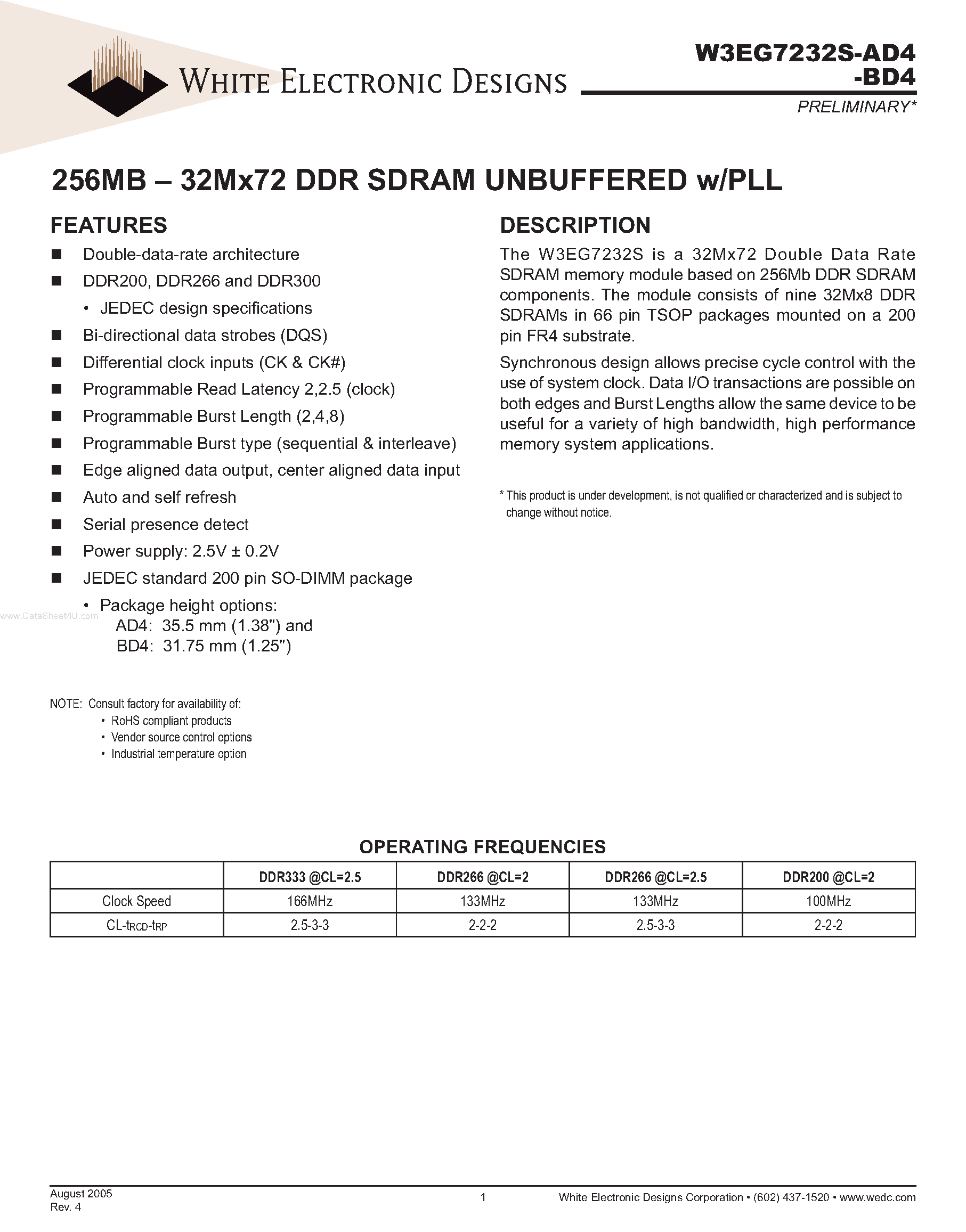 Даташит W3EG7232S-AD4 - 256MB - 32Mx72 DDR SDRAM UNBUFFERED страница 1