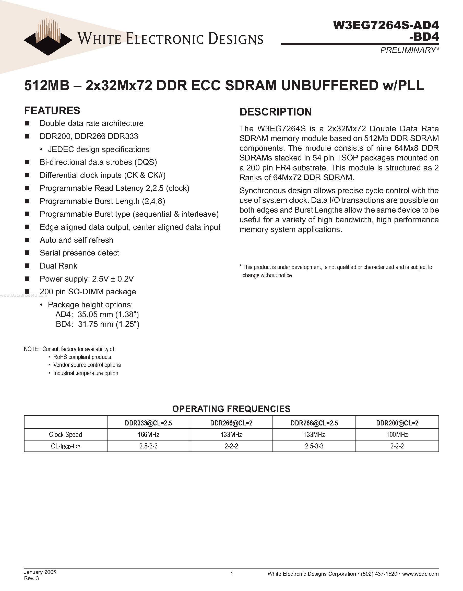 Datasheet W3EG7264S-AD4 - 512MB - 2x32Mx72 DDR ECC SDRAM UNBUFFERED page 1