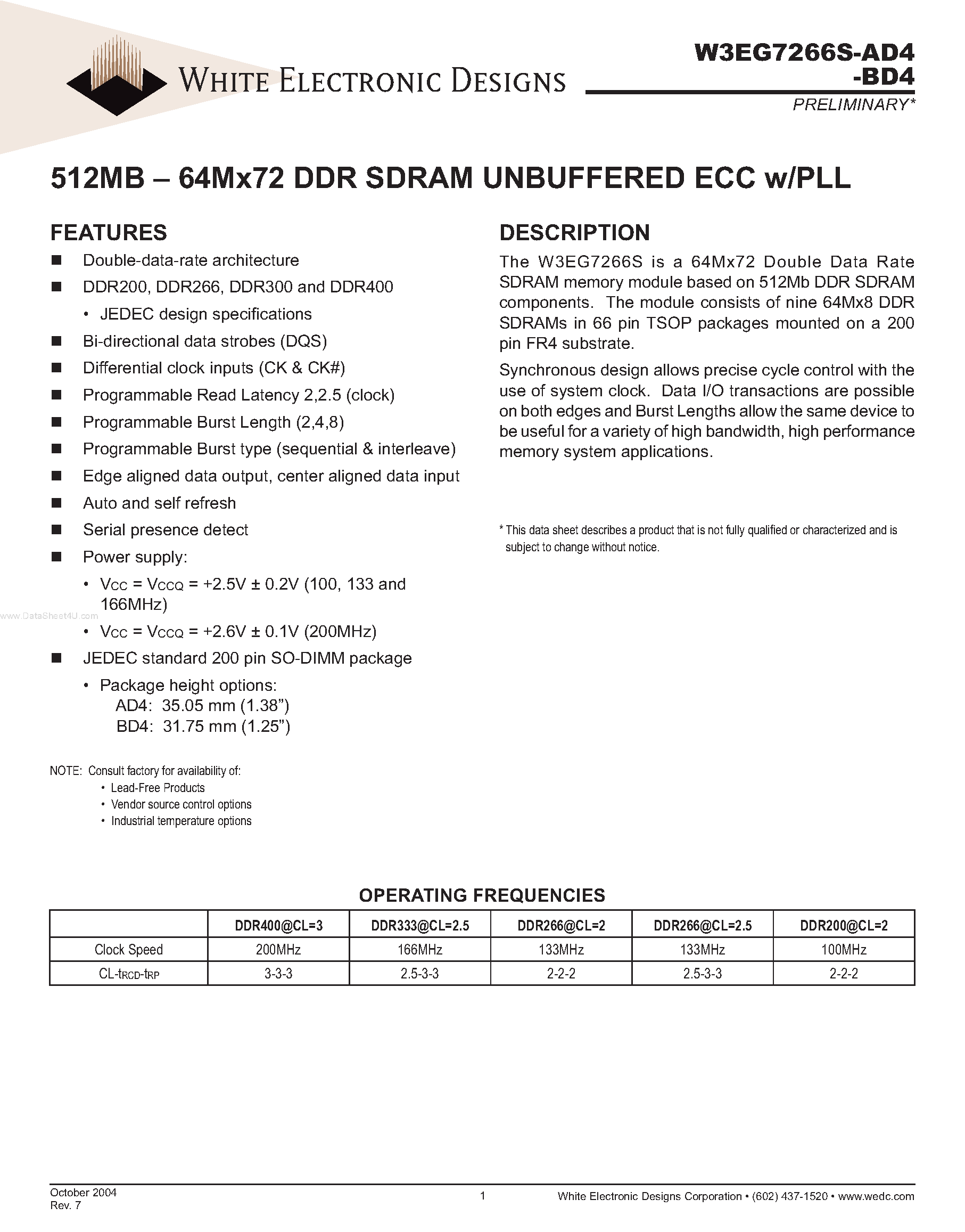 Даташит W3EG7266S-AD4 - 512MB - 64Mx72 DDR SDRAM UNBUFFERED ECC страница 1