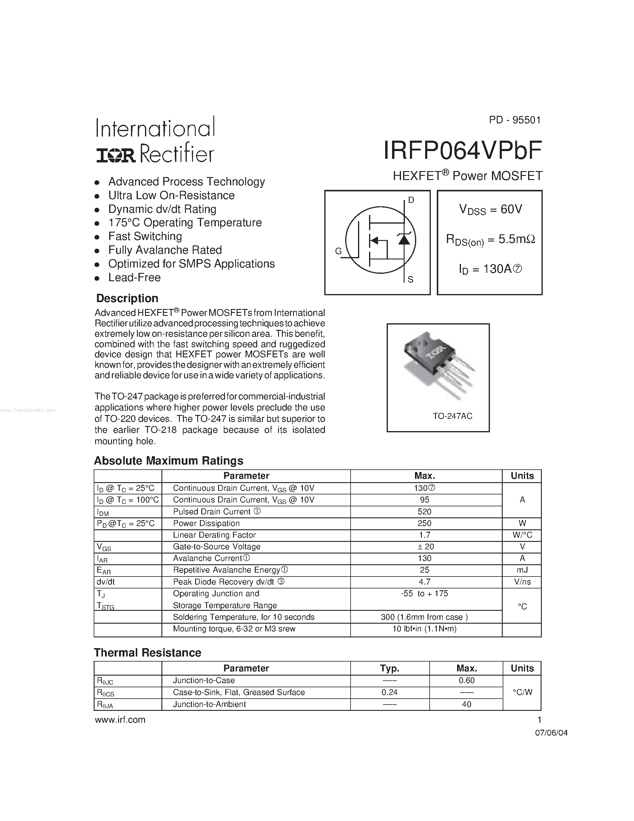 Datasheet IRFP064VPBF - HEXFET Power MOSFET page 1