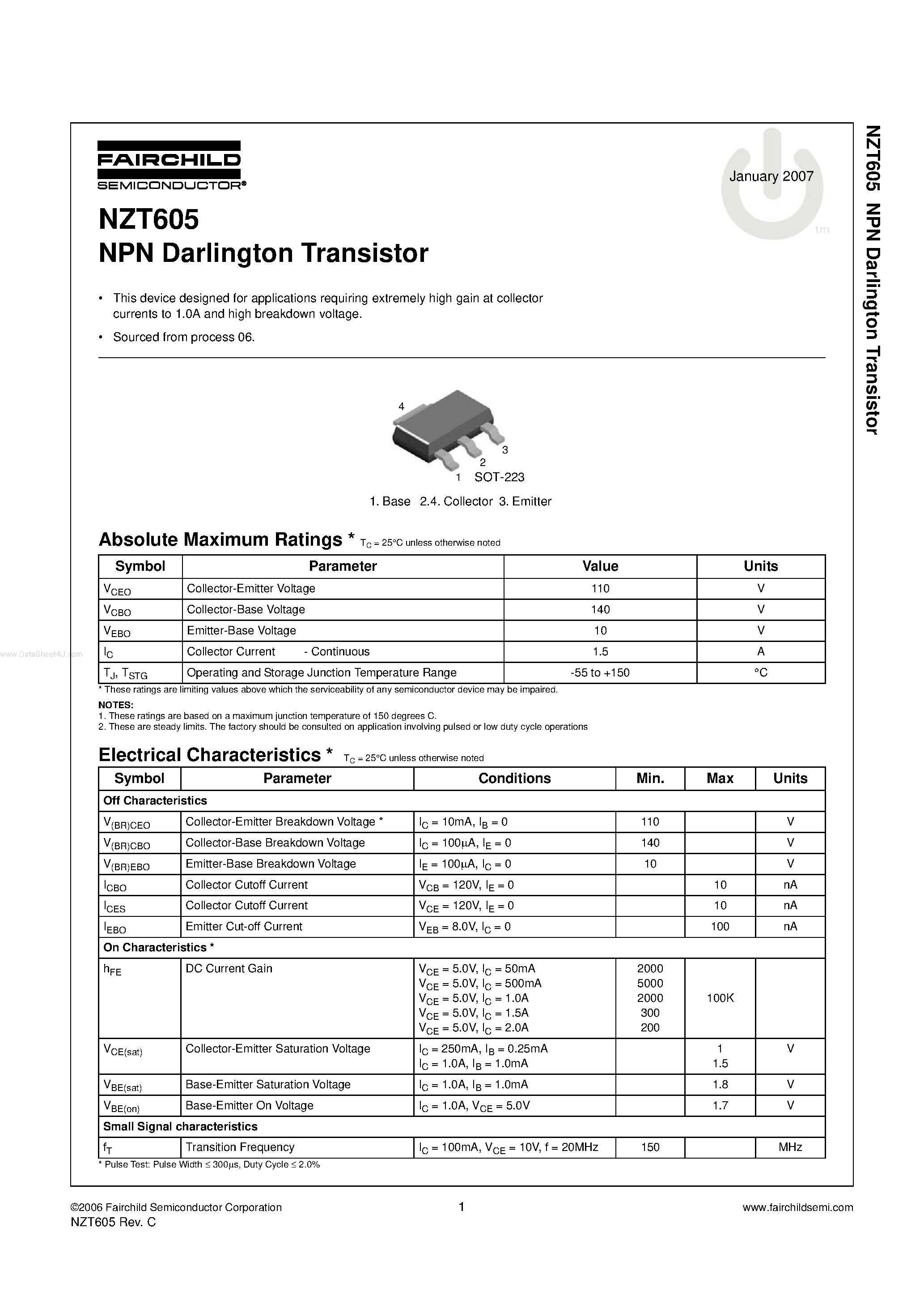Даташит NZT605 - NPN Darlington Transistor страница 1