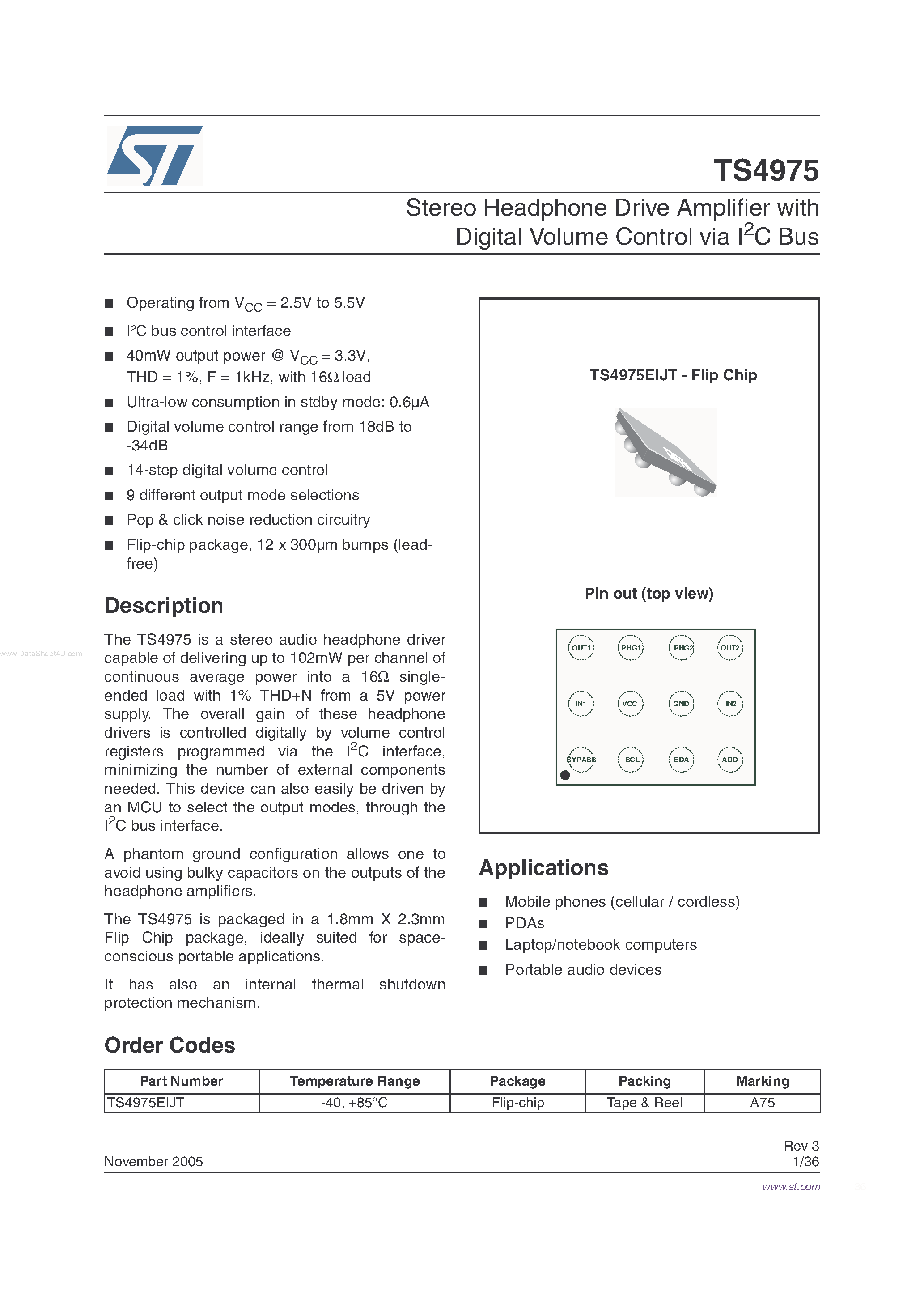 Datasheet TS4975 - Stereo Headphone Drive Amplifier page 1