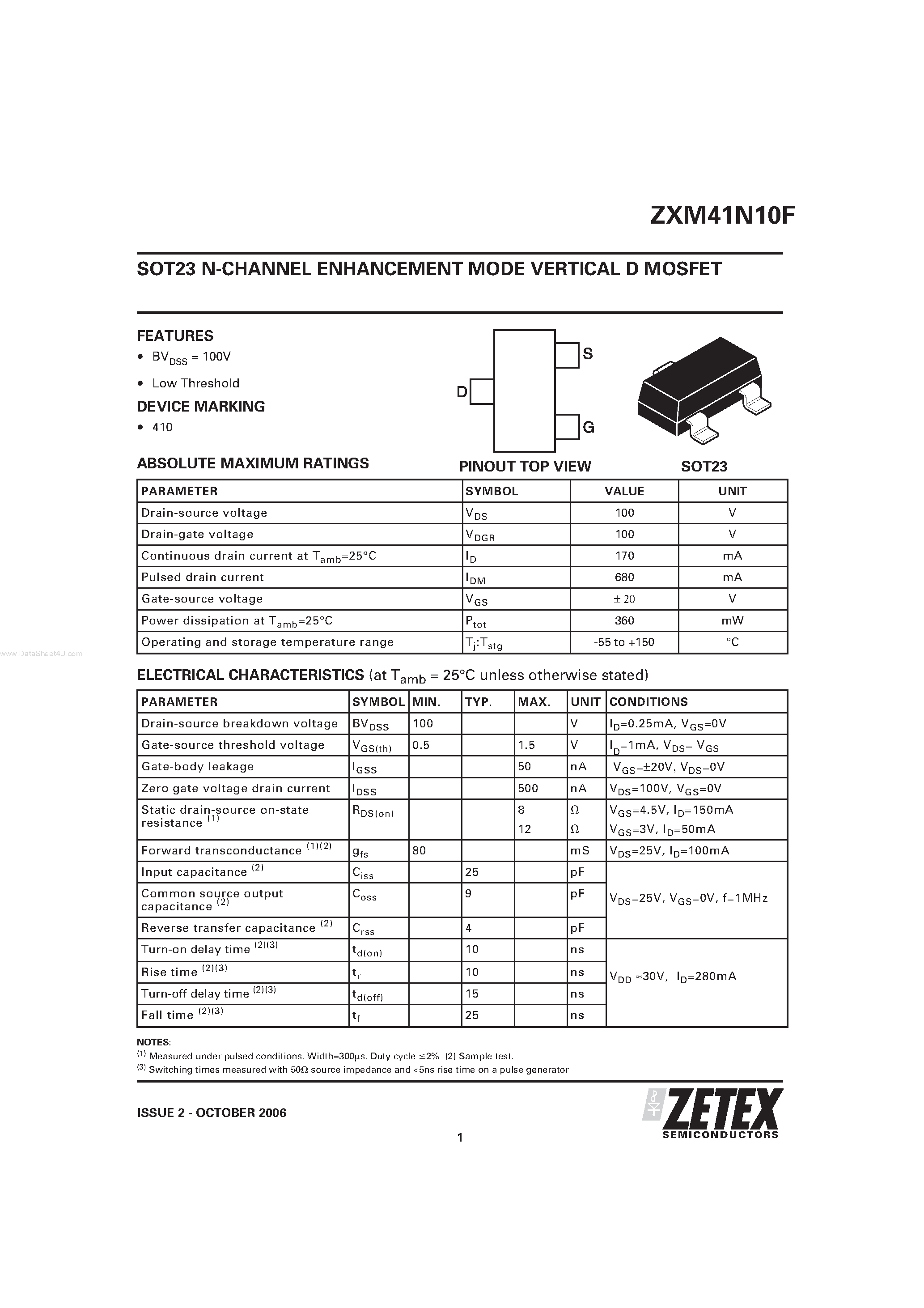 Даташит ZXM41N10F - SOT23 N-CHANNEL ENHANCEMENT MODE VERTICAL D MOSFET страница 1