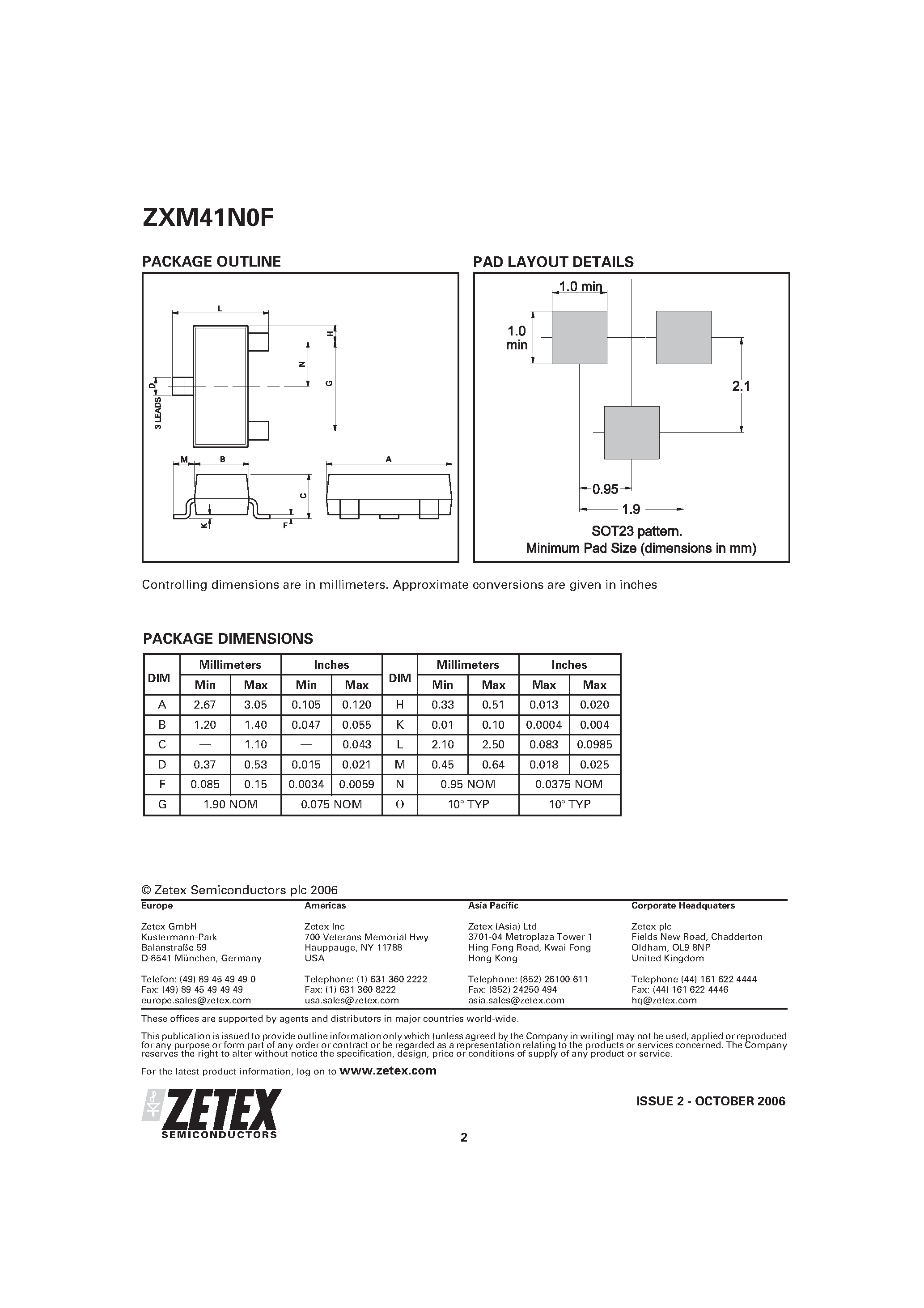 Даташит ZXM41N10F - SOT23 N-CHANNEL ENHANCEMENT MODE VERTICAL D MOSFET страница 2