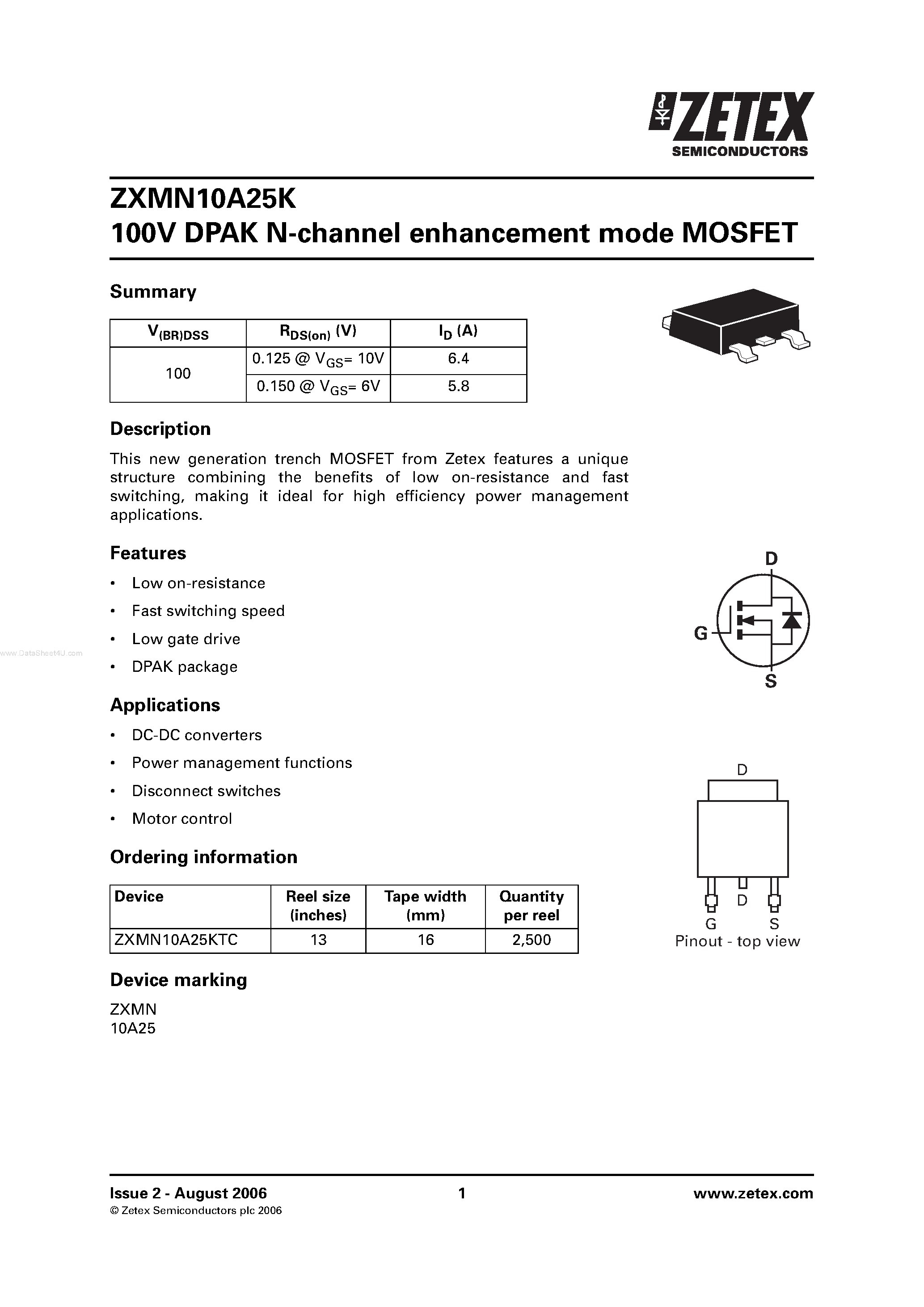 Даташит ZXMN10A25K - 100V DPAK N-channel enhancement mode MOSFET страница 1
