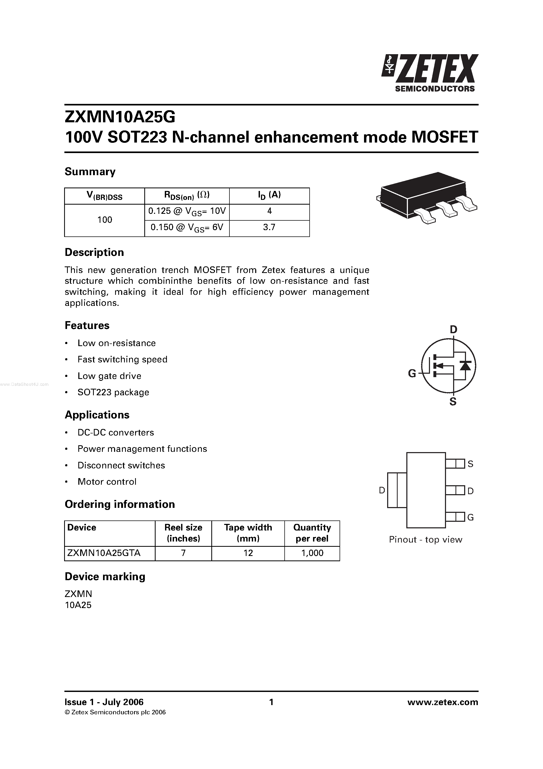 Даташит ZXMN10A25G - 100V SOT223 N-channel enhancement mode MOSFET страница 1
