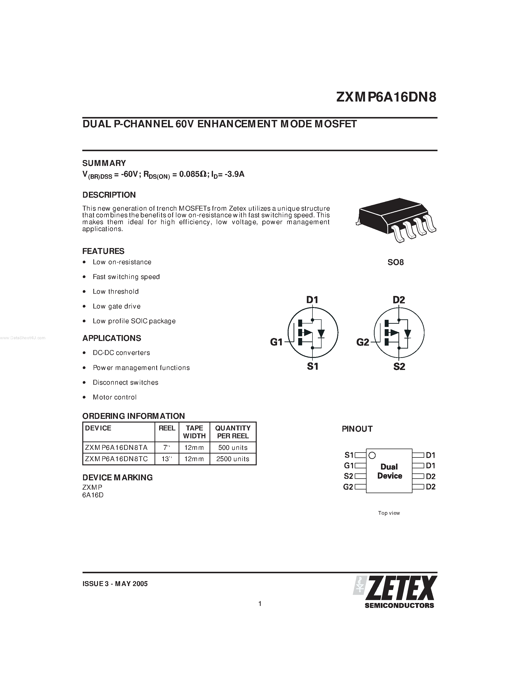 Datasheet ZXMP6A16DN8 - DUAL P-CHANNEL 60V ENHANCEMENT MODE MOSFET page 1