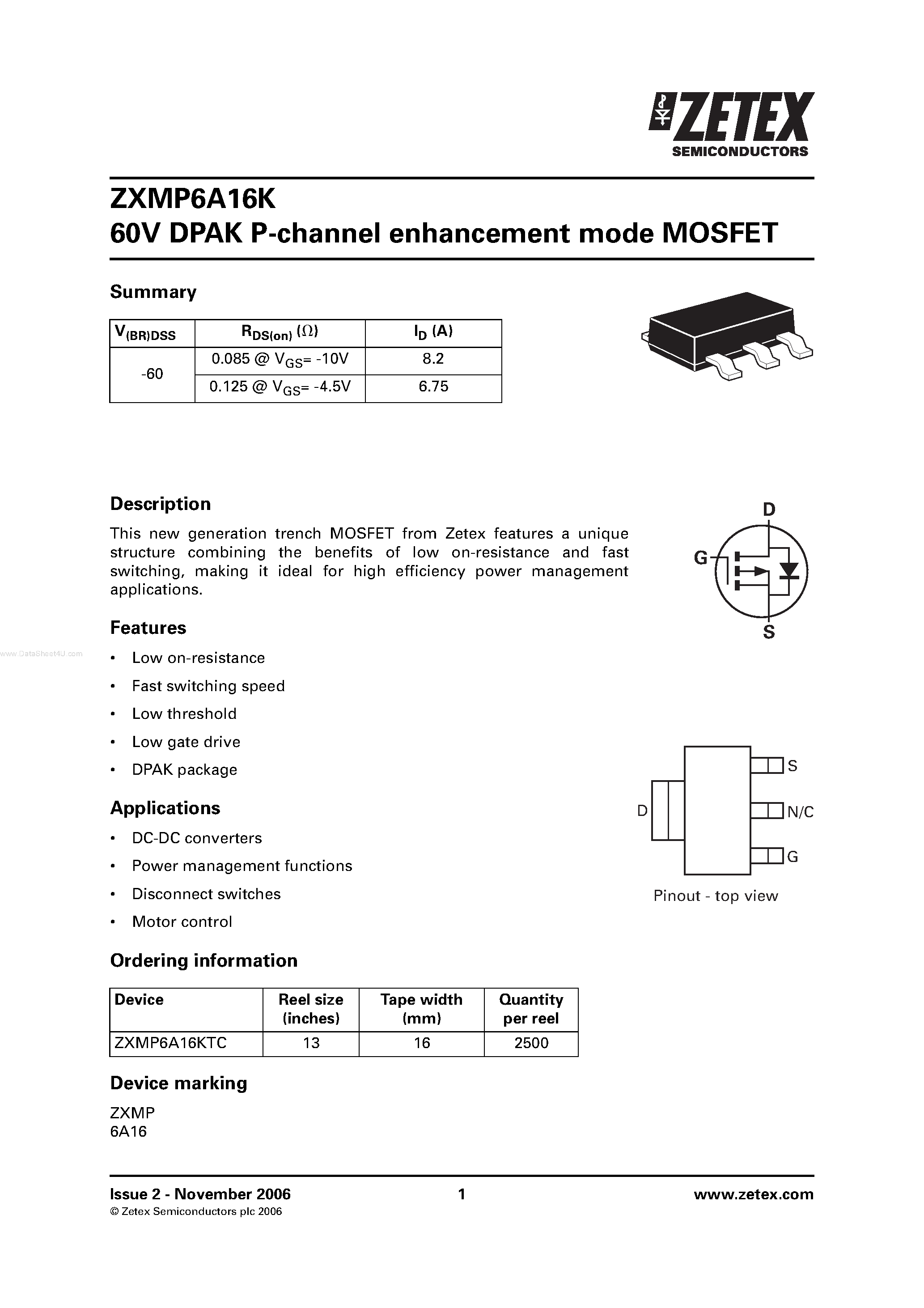 Даташит ZXMP6A16K - 60V DPAK P-channel enhancement mode MOSFET страница 1