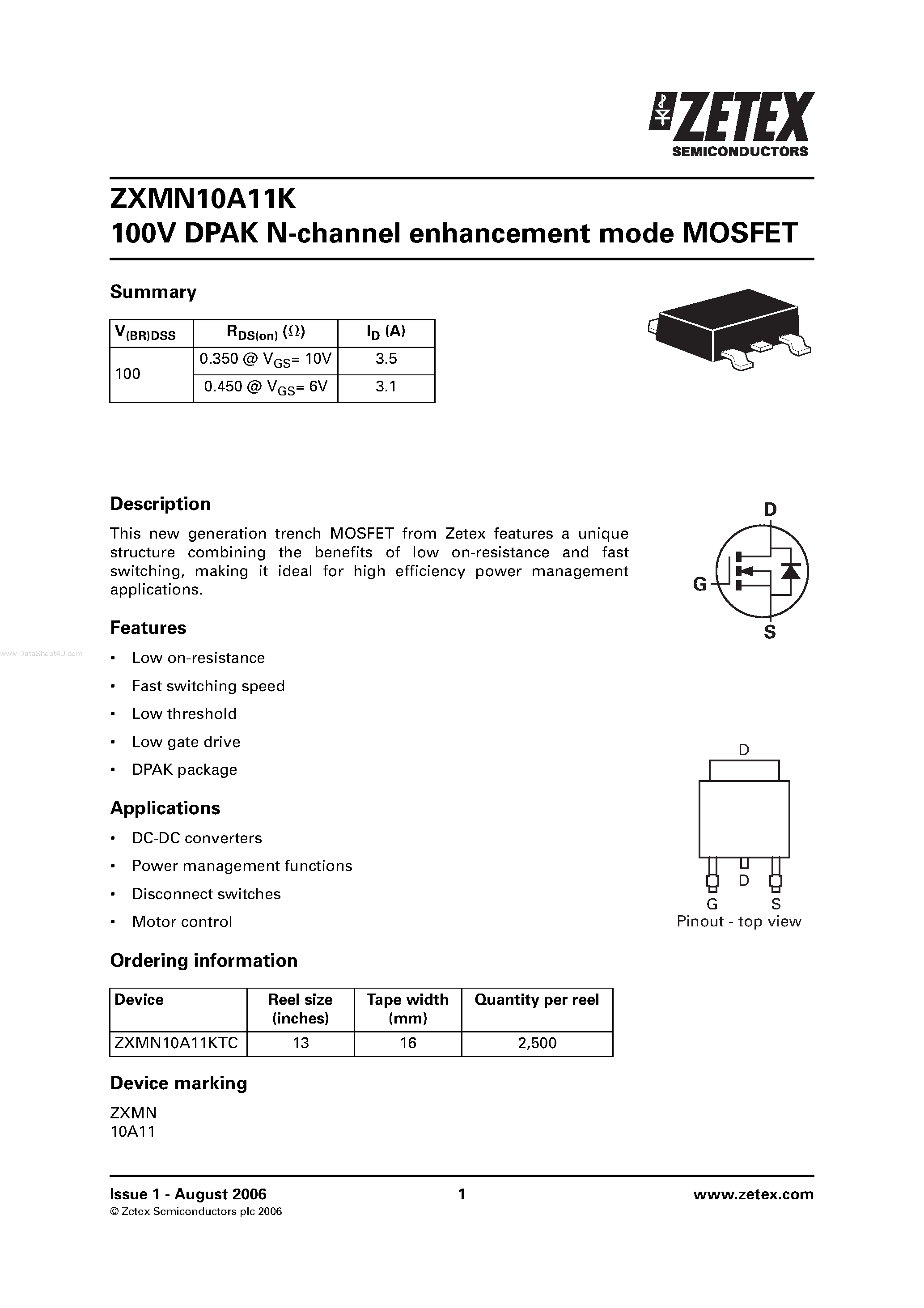 Даташит ZXMN10A11K - DPAK N-channel enhancement mode MOSFET страница 1