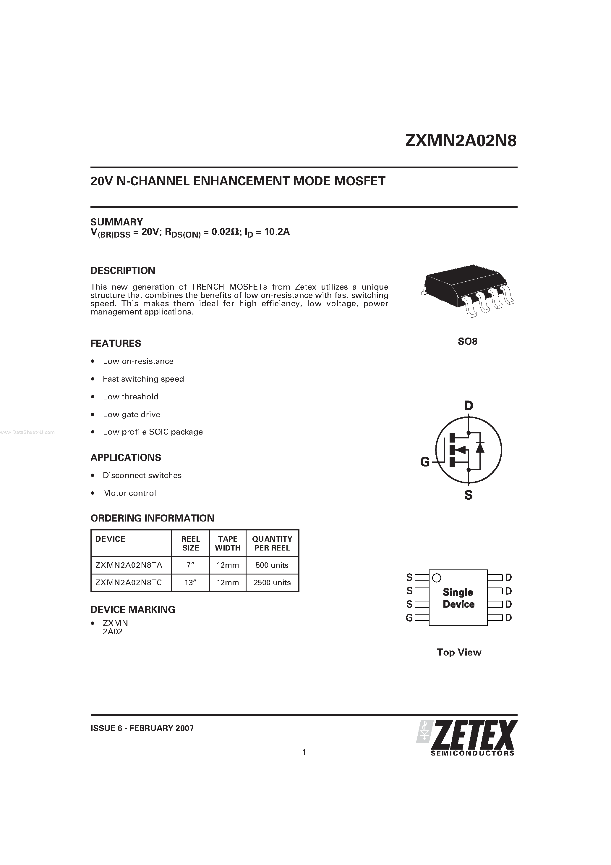 Даташит ZXMN2A02N8 - N-CHANNEL ENHANCEMENT MODE MOSFET страница 1