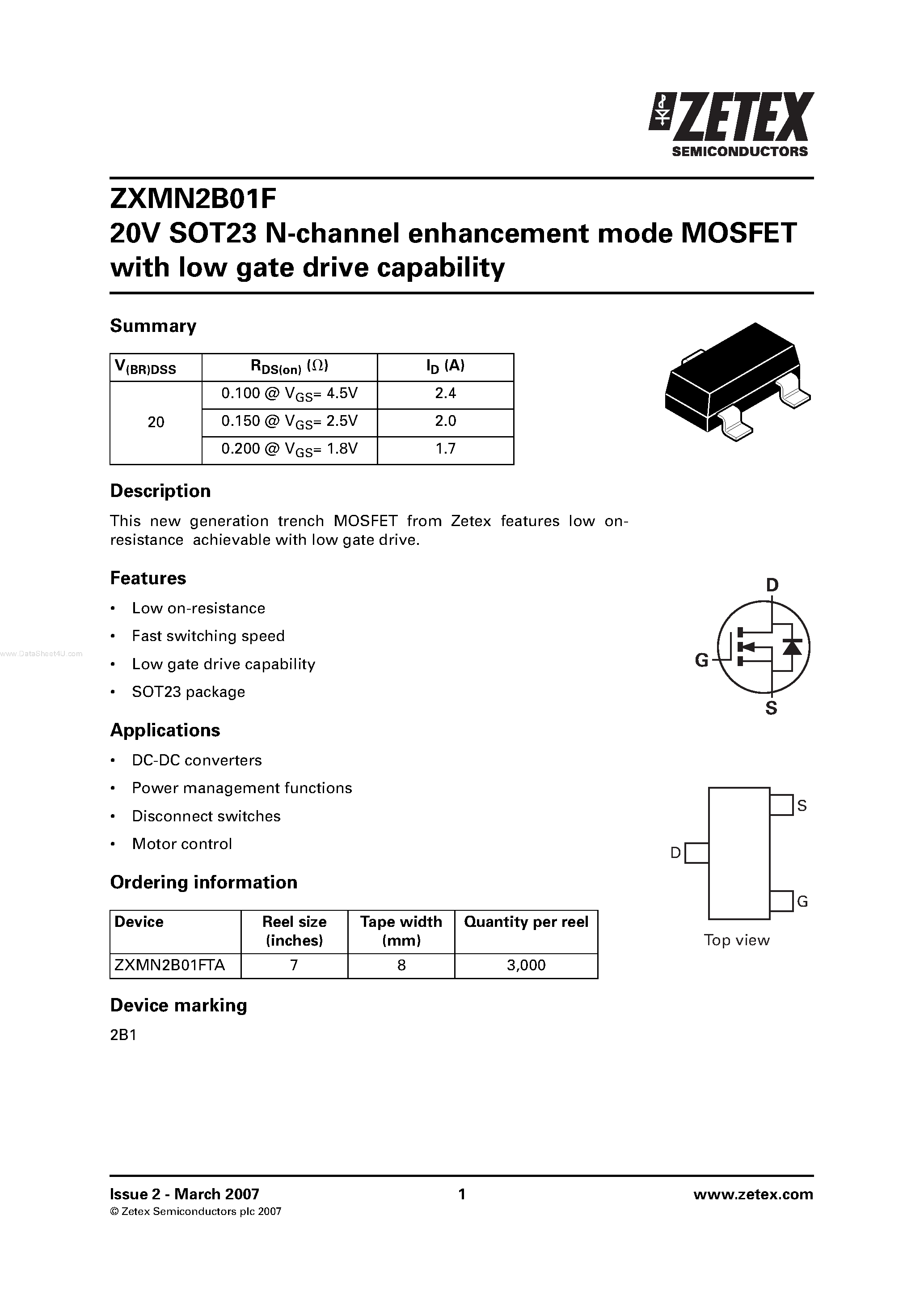 Даташит ZXMN2B01F - SOT23 N-channel enhancement mode MOSFET страница 1