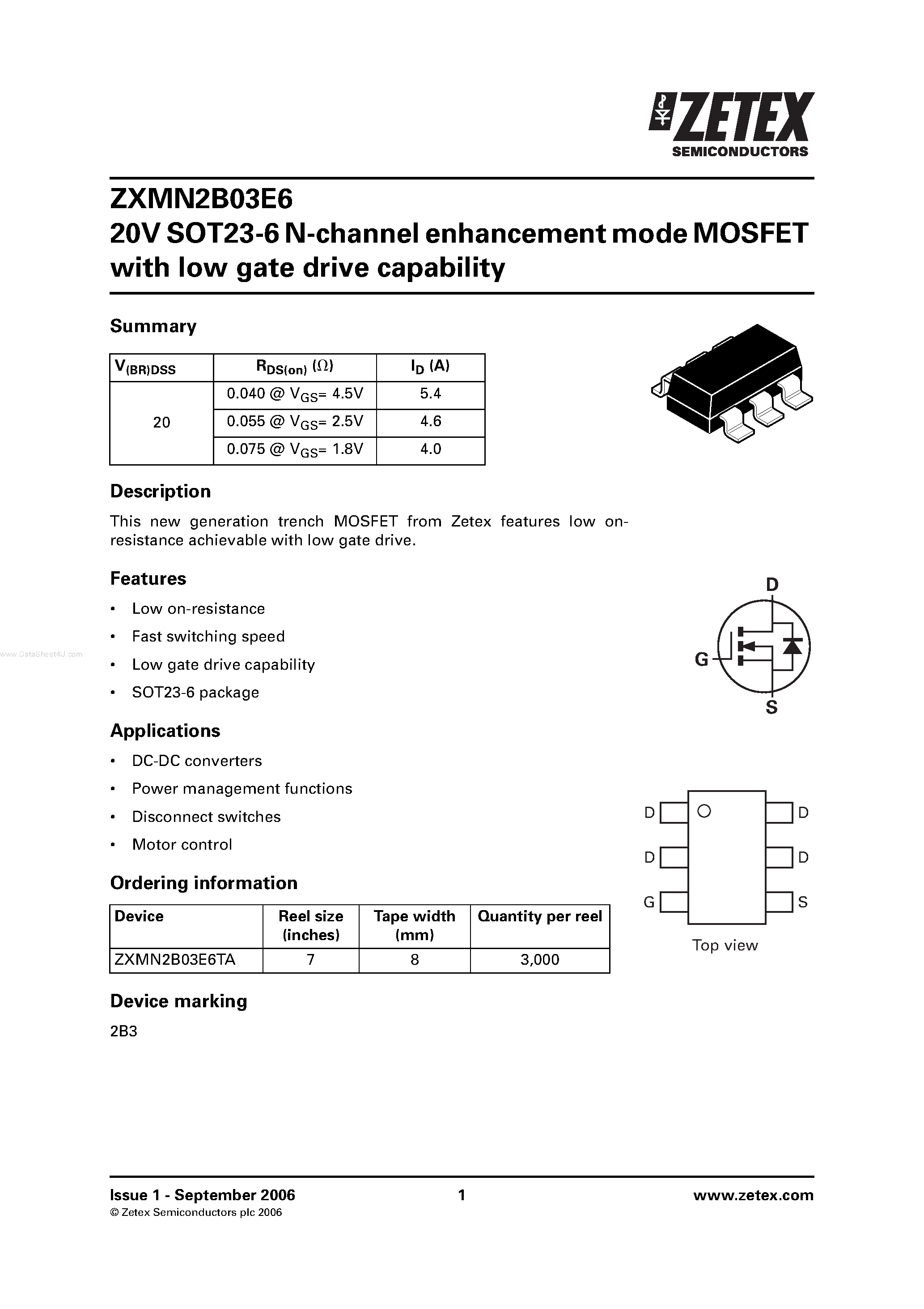 Datasheet ZXMN2B03E6 - SOT23-6 N-channel enhancement mode MOSFET page 1