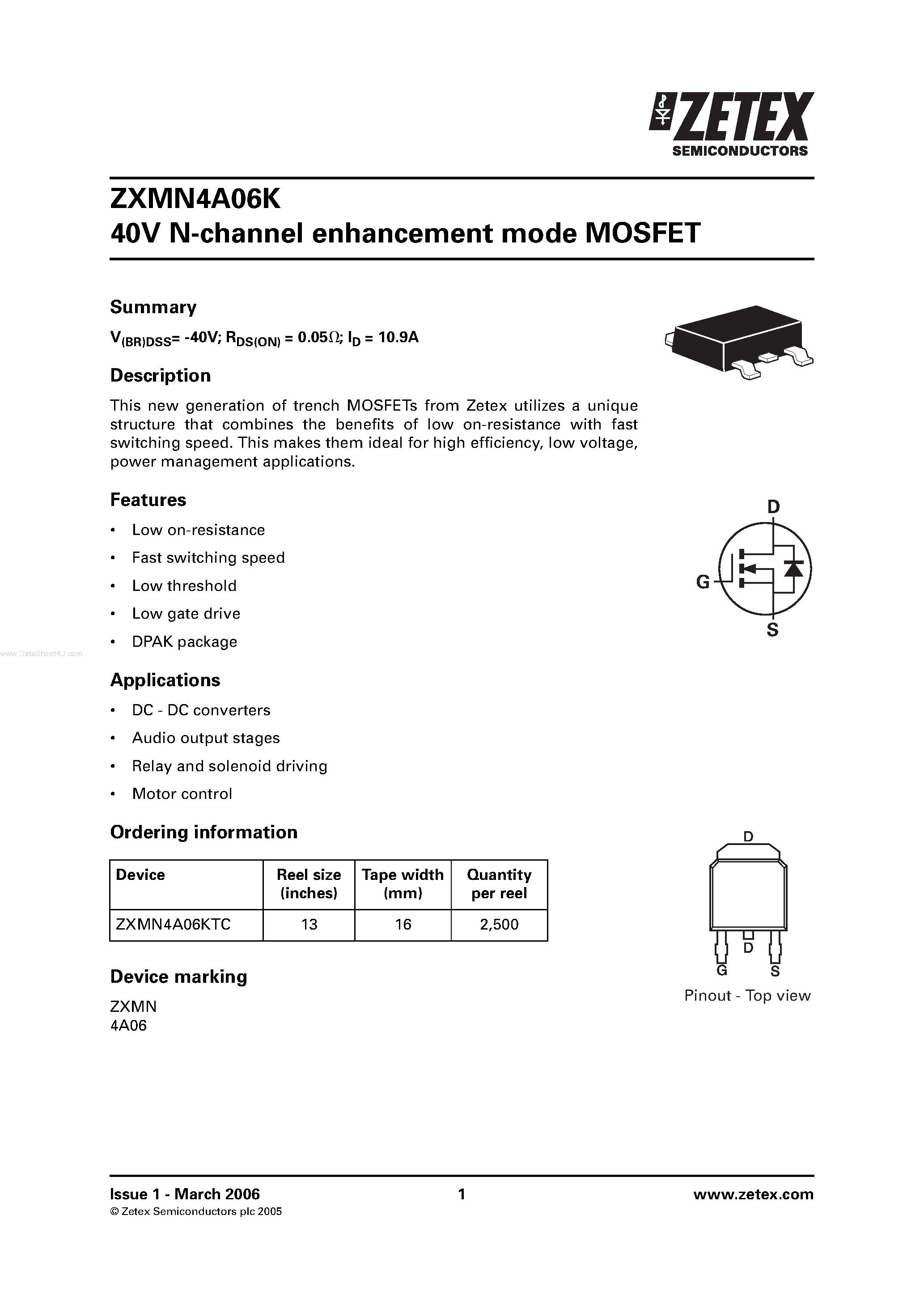 Datasheet ZXMN4A06K - N-channel enhancement mode MOSFET page 1