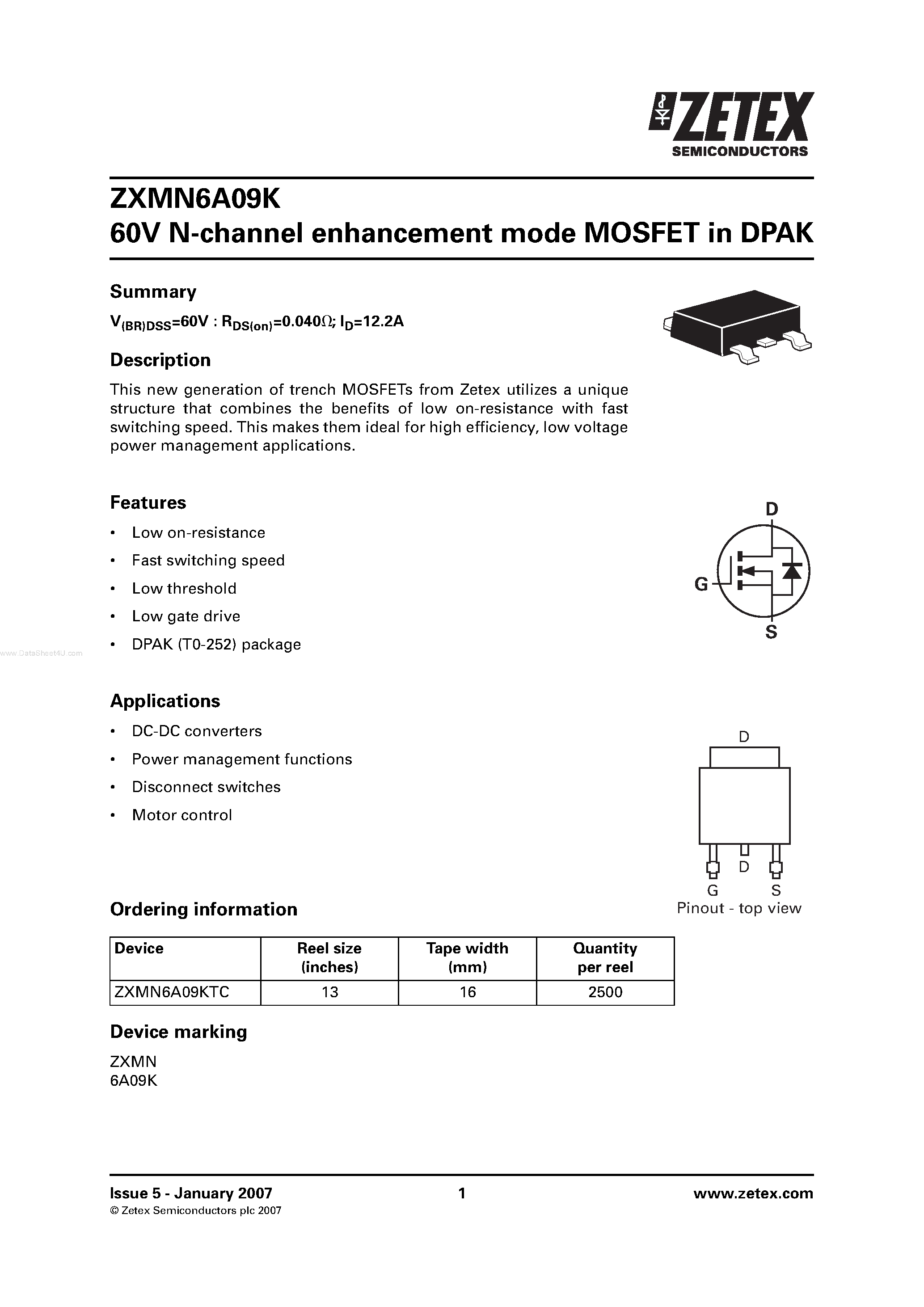 Datasheet ZXMN6A09K - N-channel enhancement mode MOSFET page 1