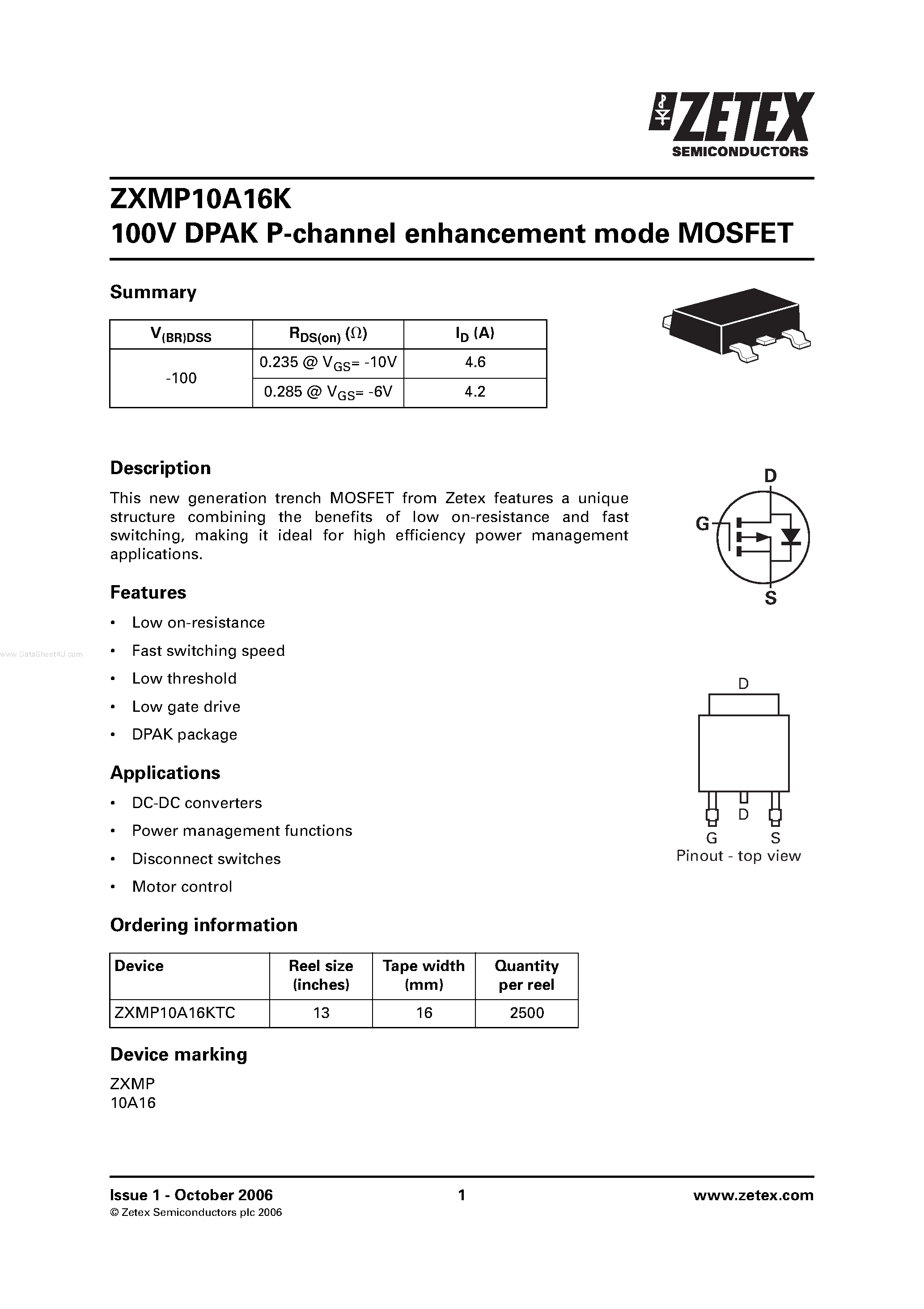 Datasheet ZXMP10A16K - DPAK P-channel enhancement mode MOSFET page 1
