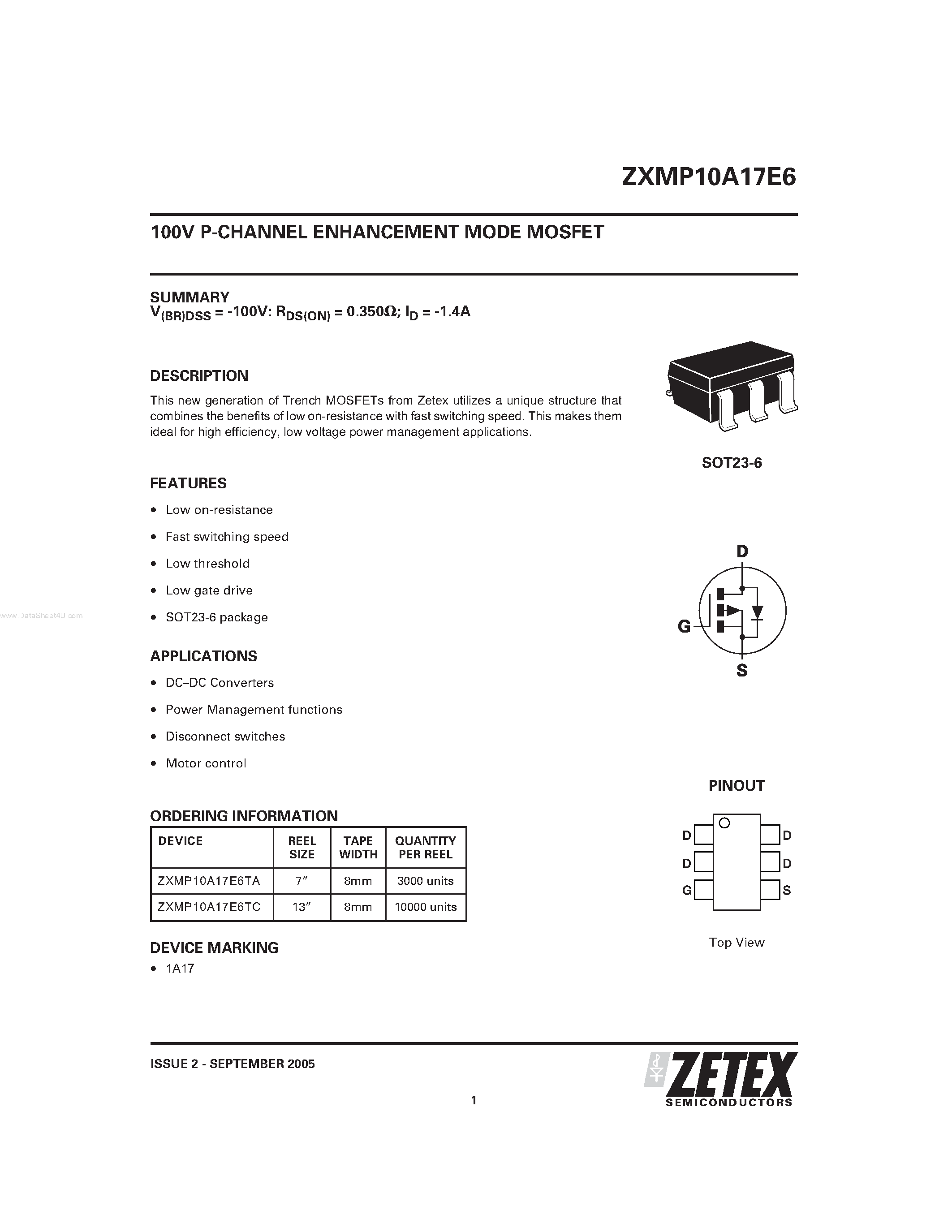 Datasheet ZXMP10A17E6 - P-CHANNEL ENHANCEMENT MODE MOSFET page 1