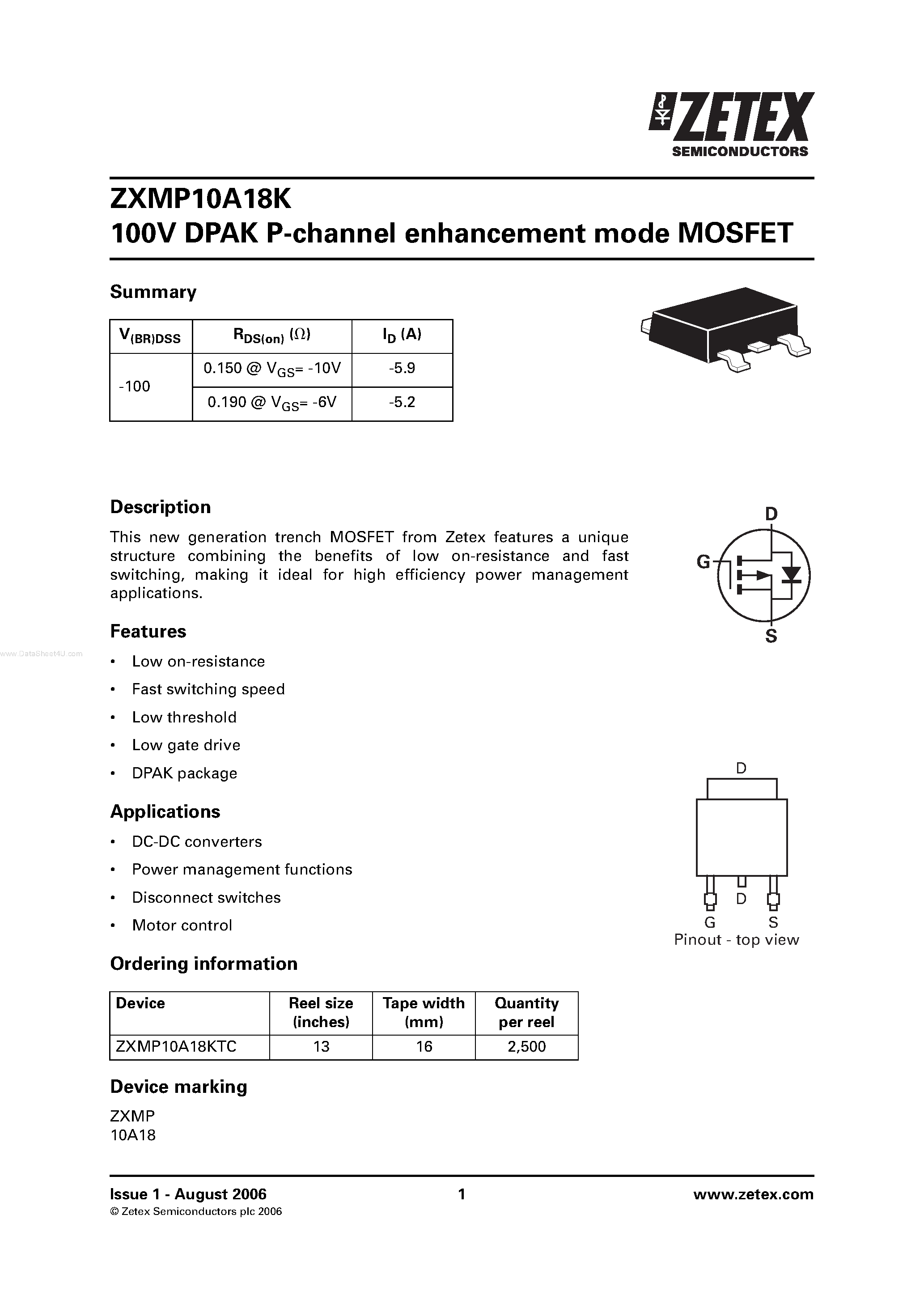 Datasheet ZXMP10A18K - DPAK P-channel enhancement mode MOSFET page 1