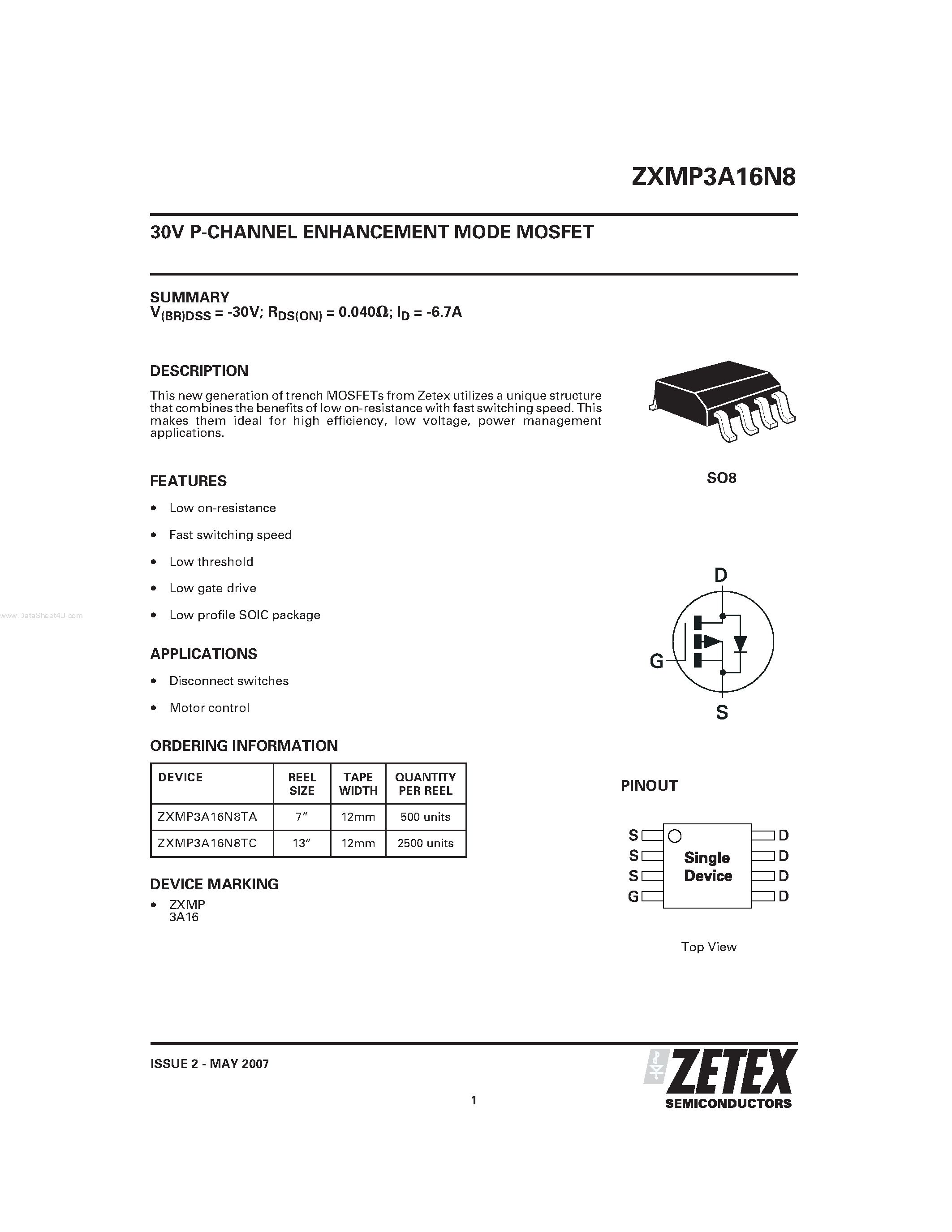 Datasheet ZXMP3A16N8 - P-CHANNEL ENHANCEMENT MODE MOSFET page 1