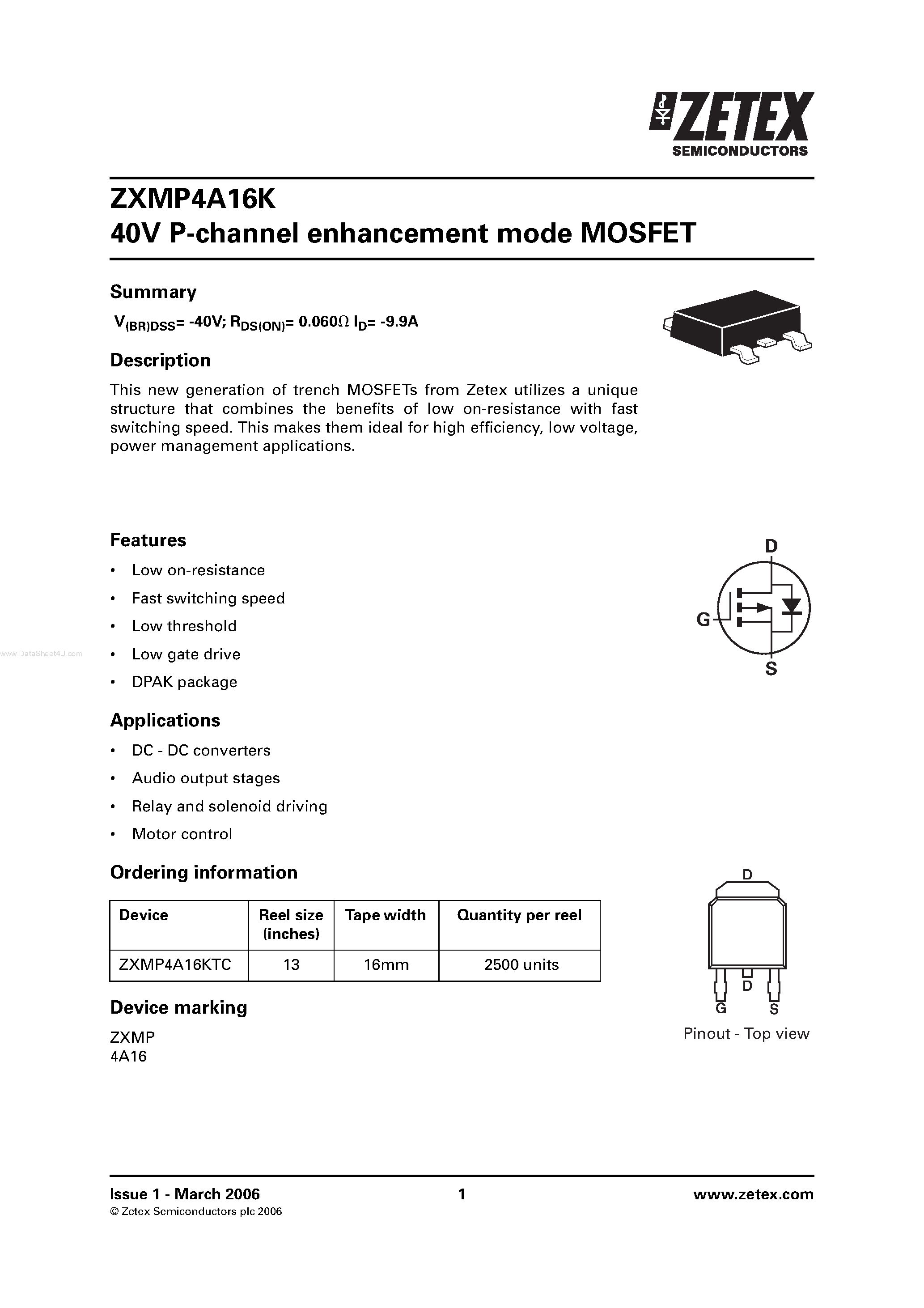 Datasheet ZXMP4A16K - P-channel enhancement mode MOSFET page 1