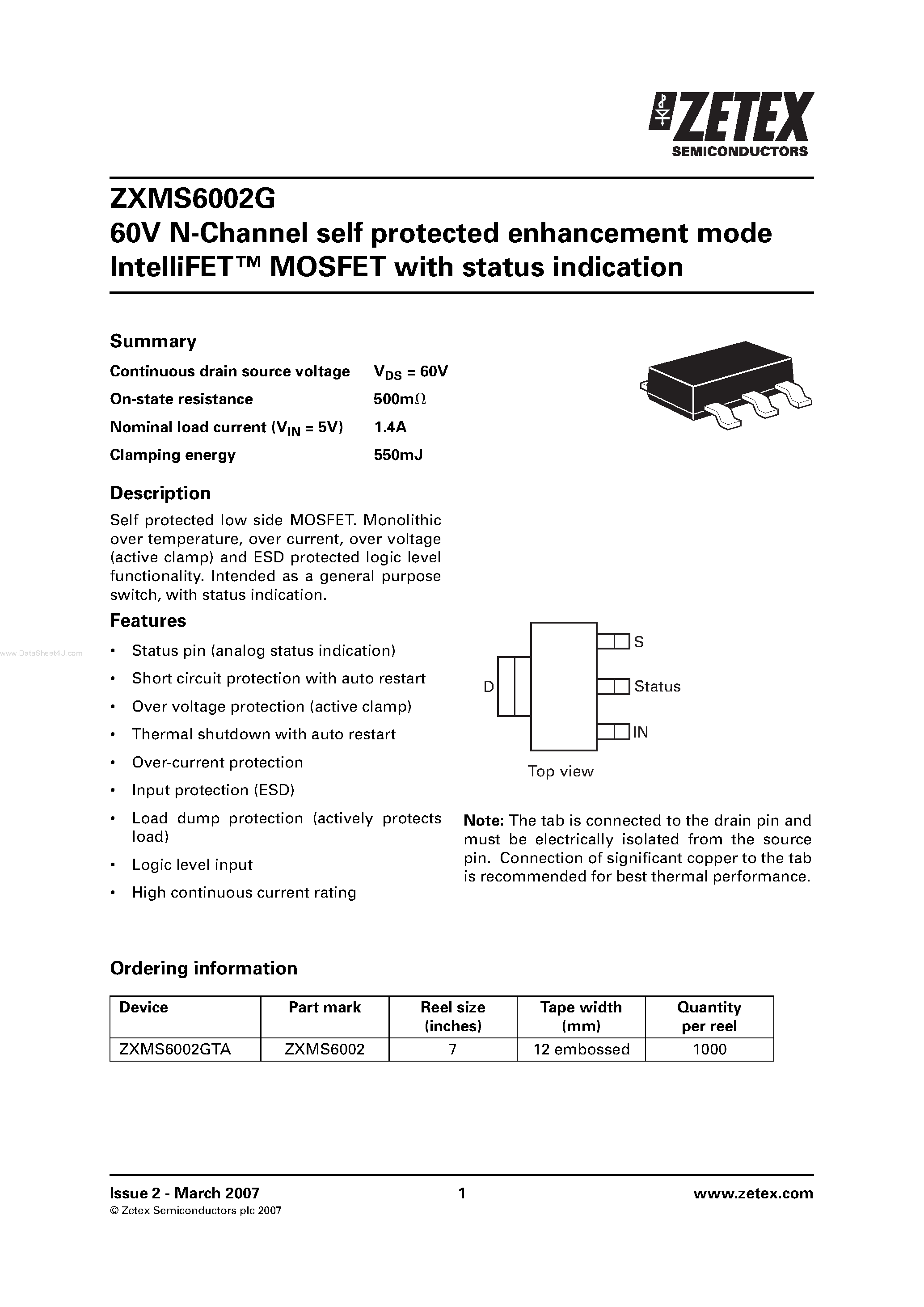 Datasheet ZXMS6002G - N-Channel self protected enhancement mode IntelliFET MOSFET page 1