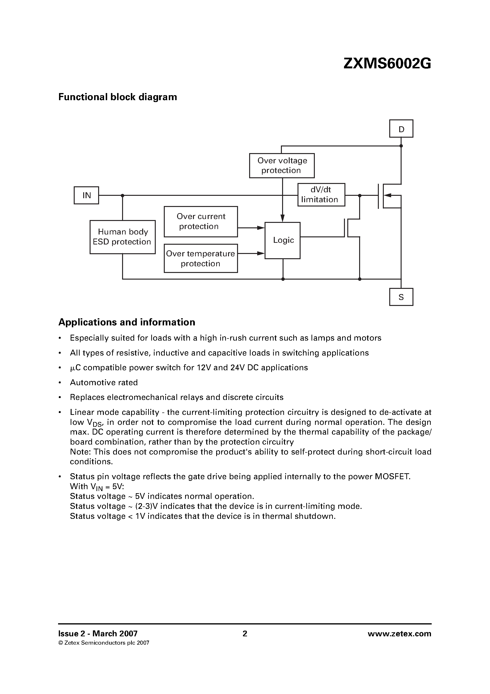 Datasheet ZXMS6002G - N-Channel self protected enhancement mode IntelliFET MOSFET page 2