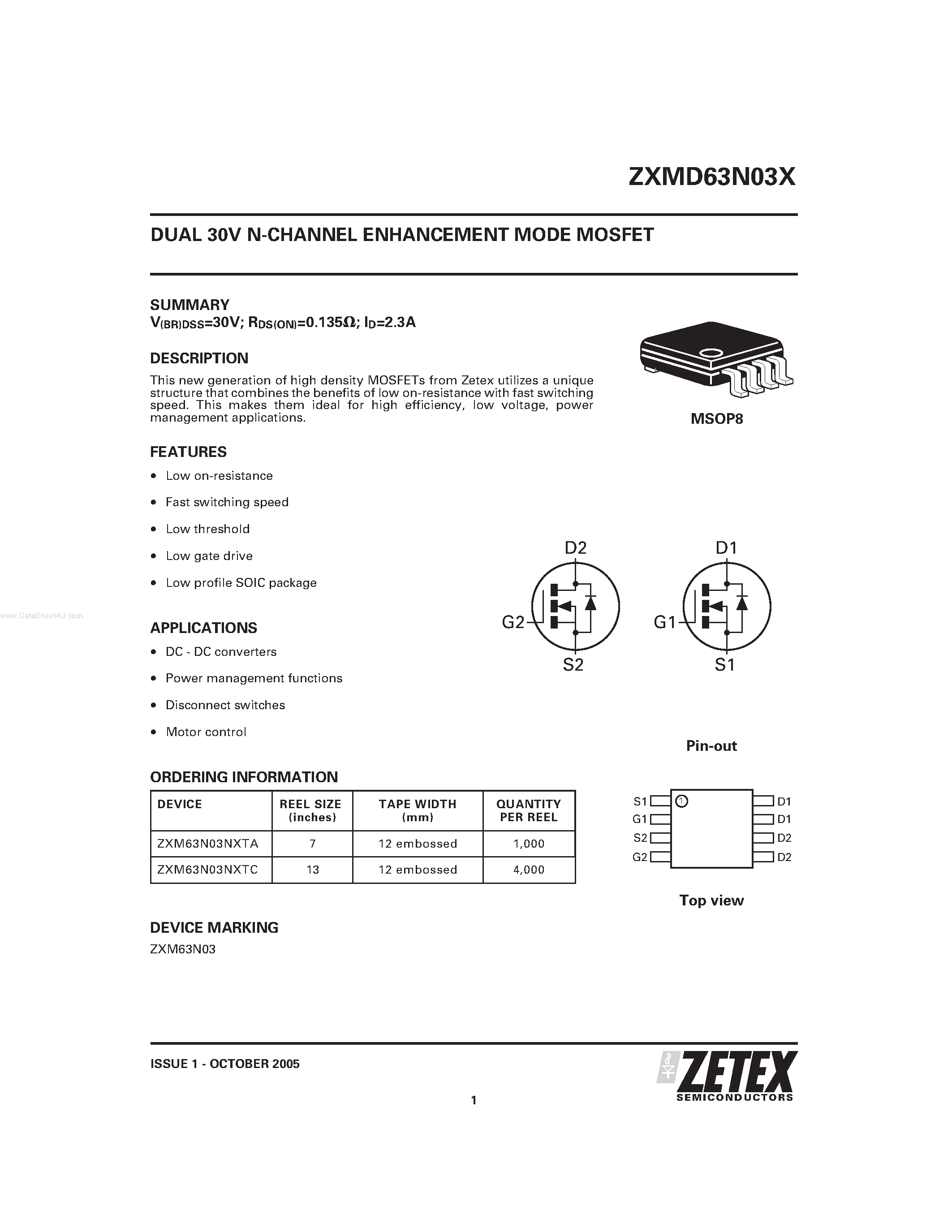 Даташит ZXM63N03X - DUAL 30V N-CHANNEL ENHANCEMENT MODE MOSFET страница 1