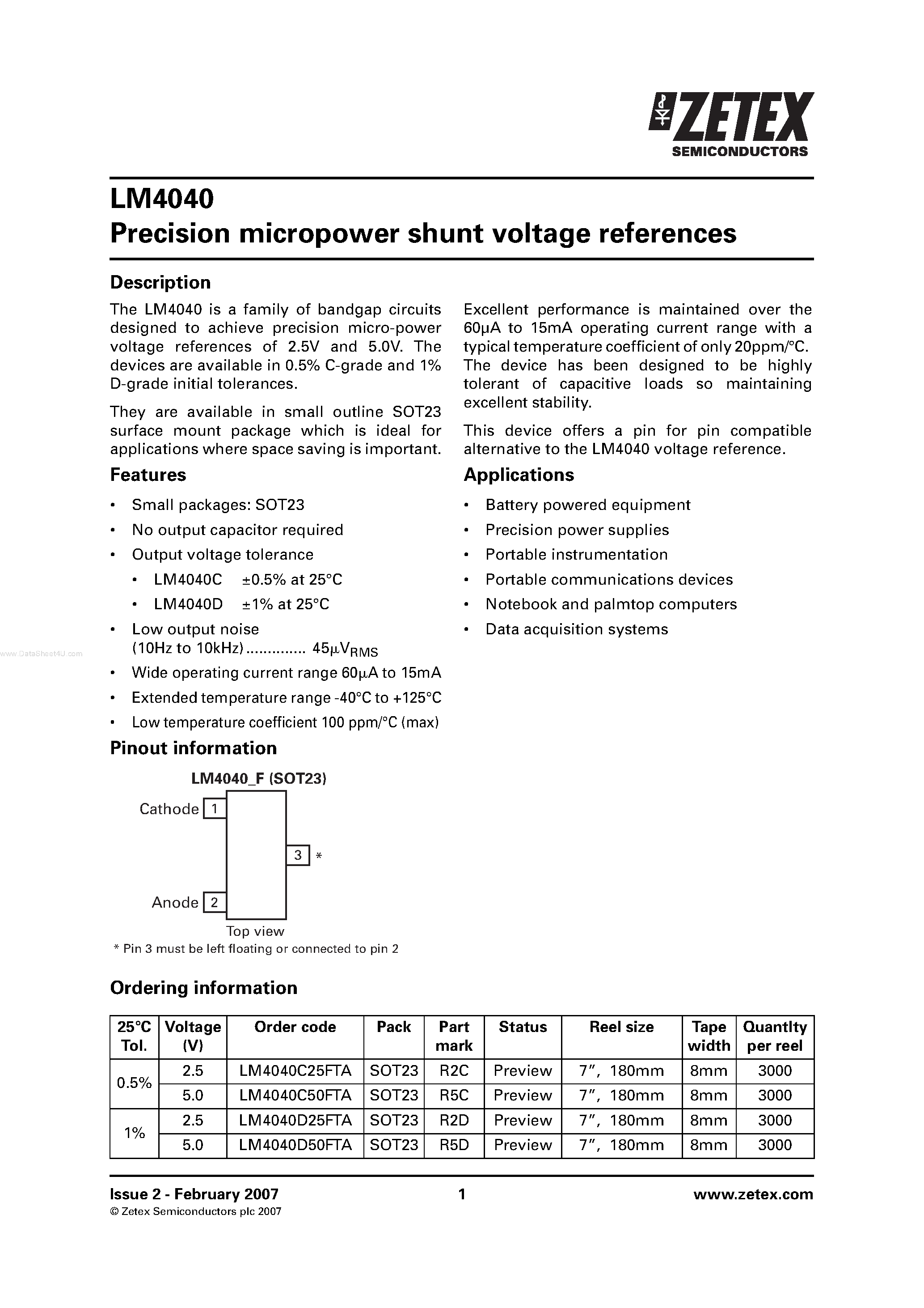 Datasheet LM4040 - Precision micropower shunt voltage references page 1