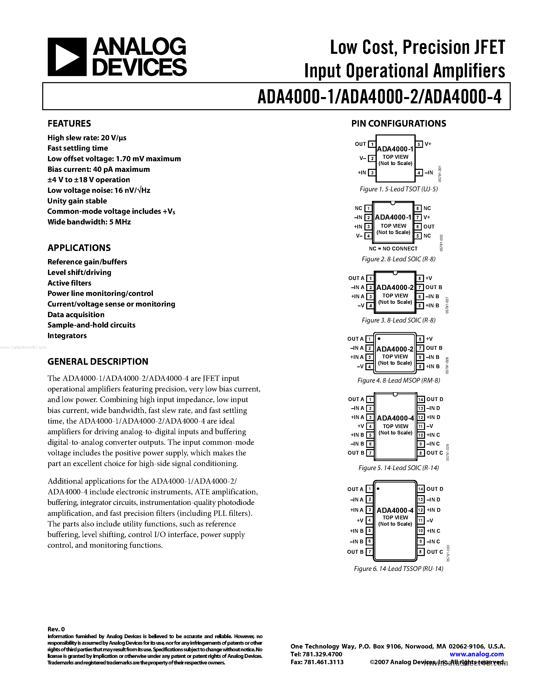Datasheet ADA4000-1 - (ADA4000-1/-2/-4) Low Cost Precision JFET Input Operational Amplifiers page 1
