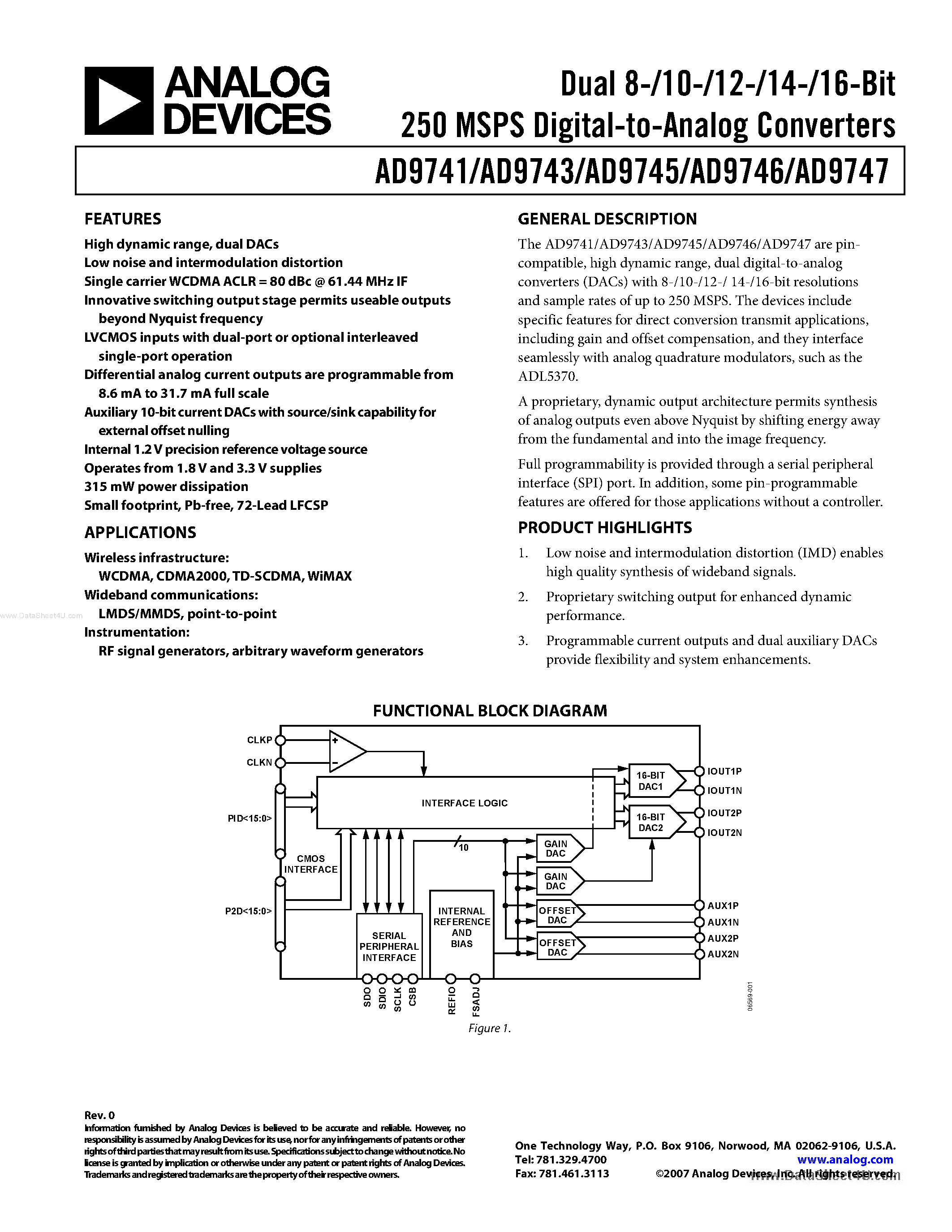 Даташит AD9741 - (AD9741 - AD9747) Dual 16-Bit 250 MSPS Digital-to-Analog Converters страница 1