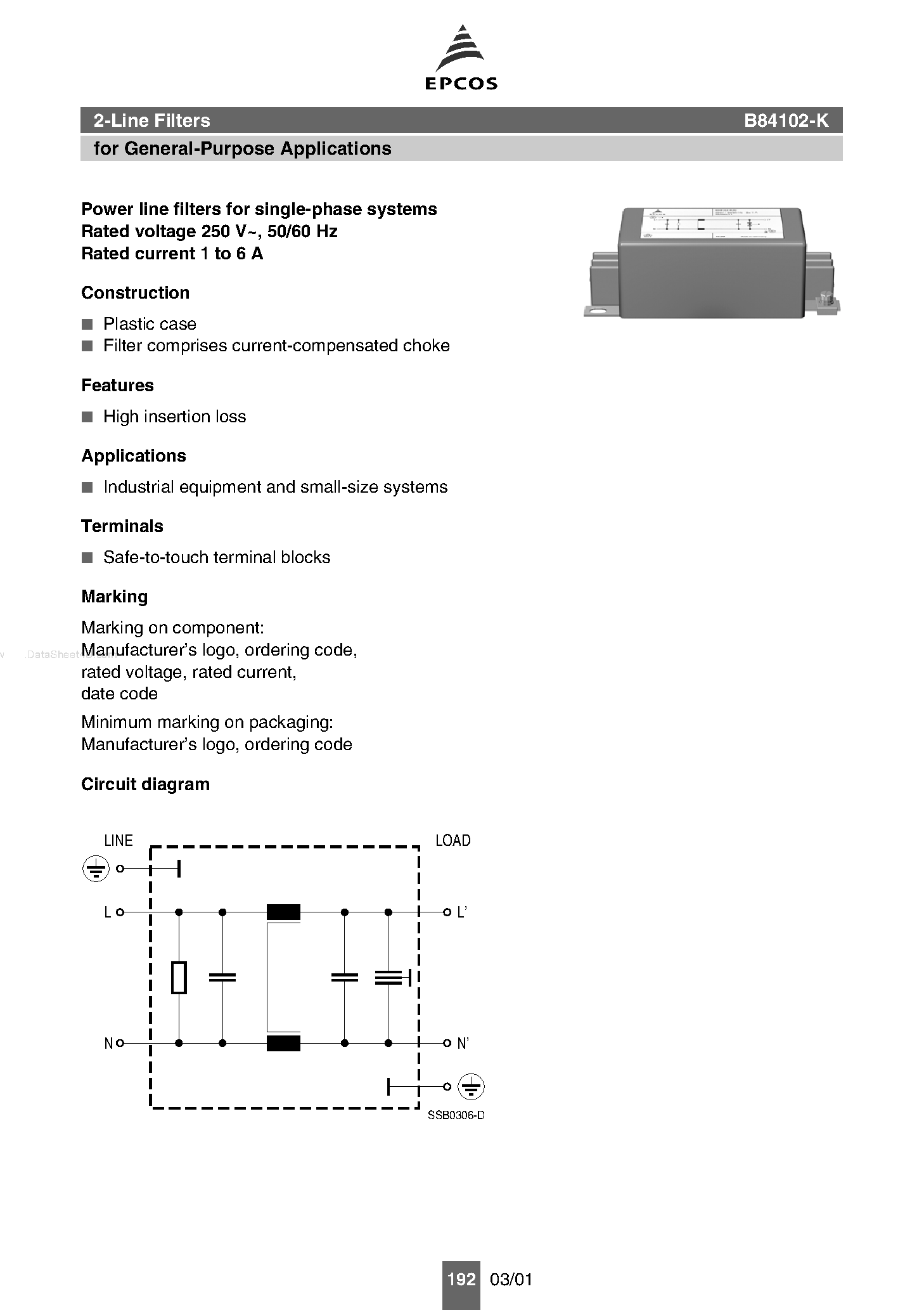 Datasheet B84102-K - Power line filters page 1