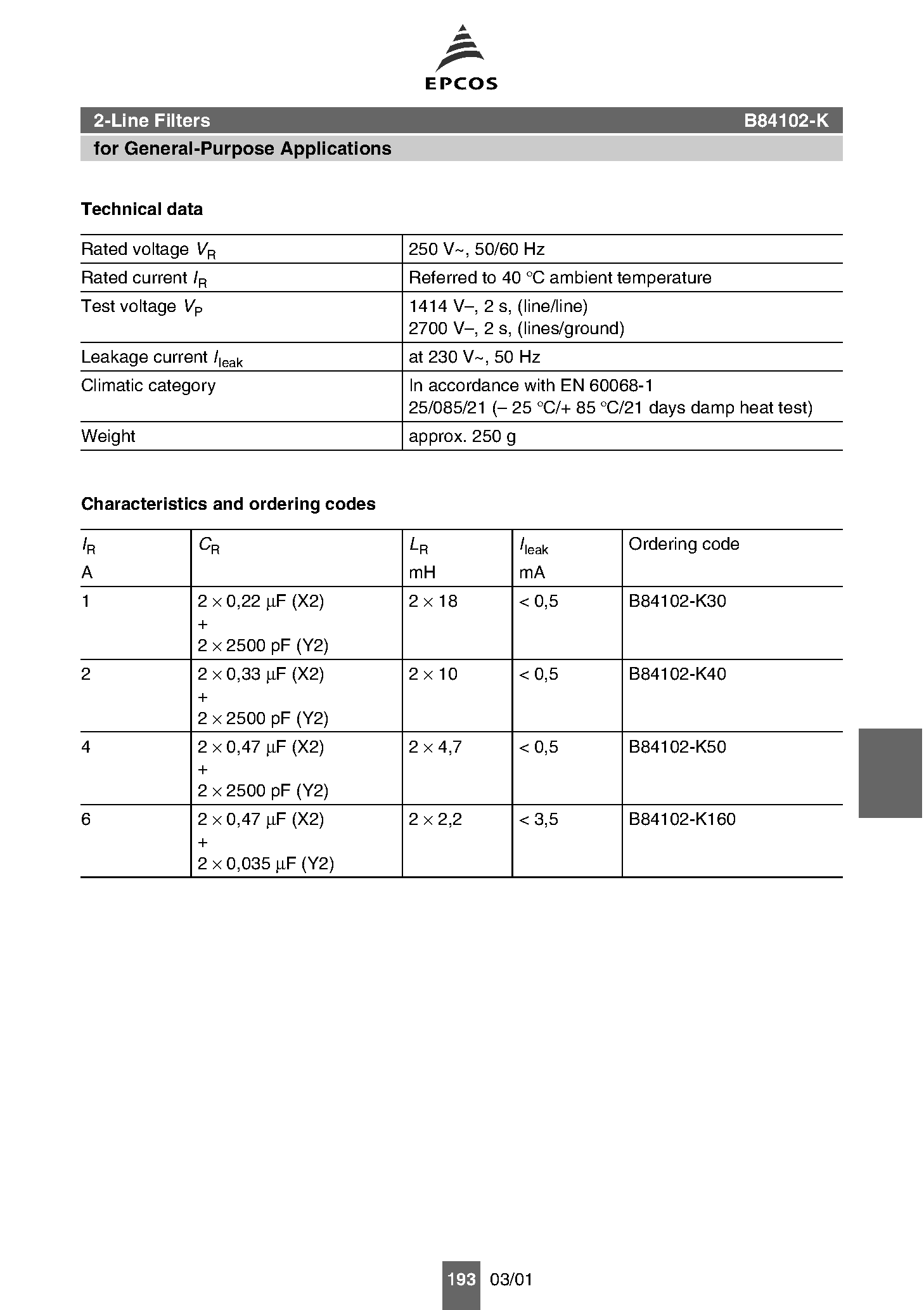 Datasheet B84102-K - Power line filters page 2