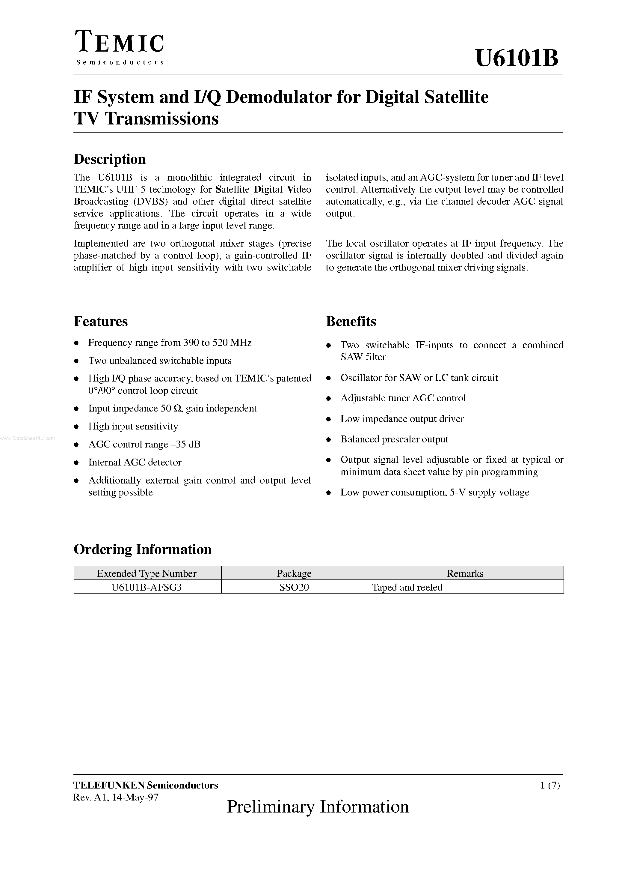 Datasheet U6101B - IF System and I/Q Demodulator page 1