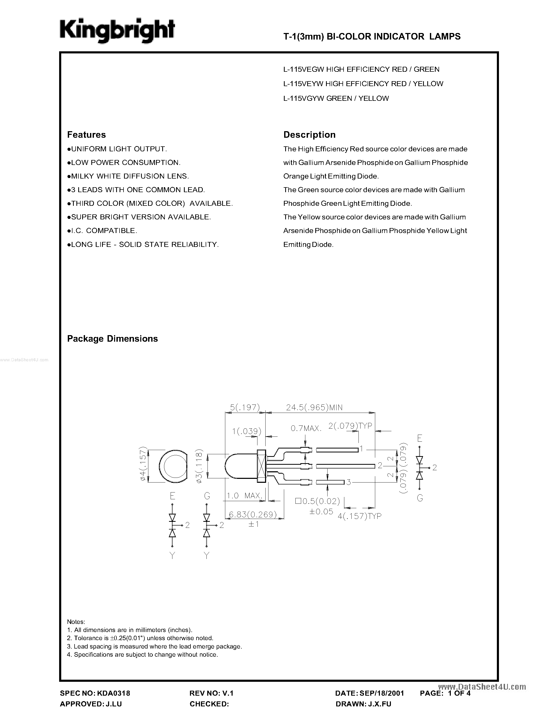Datasheet L-115VEGW - BI-COLOR INDICATOR LAMPS page 1