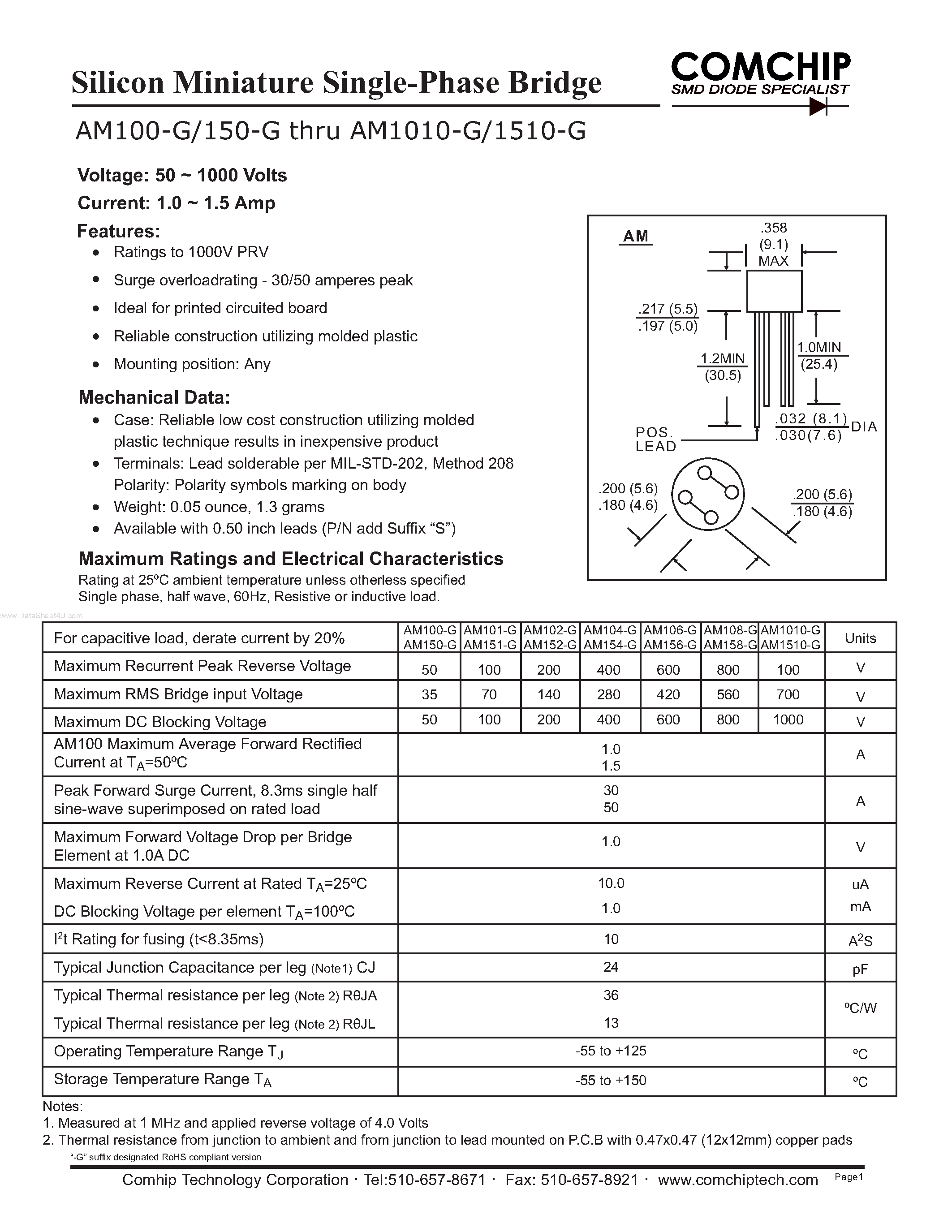Datasheet AM100-G - (AMxxx-G) Silicon Miniature Single-Phase Bridge page 1