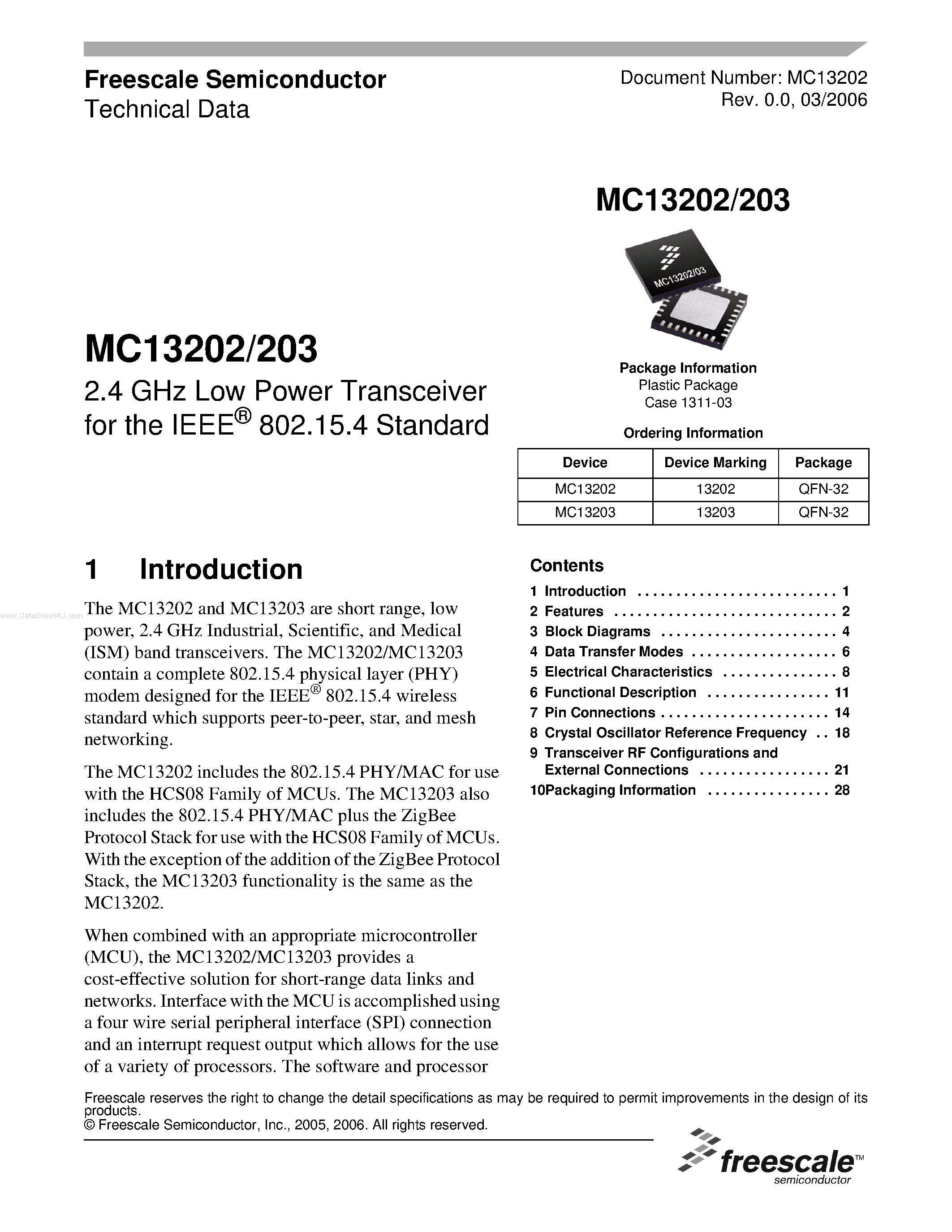 Datasheet MC13202 - (MC13202 / MC13203) 2.4 GHz Low Power Transceiver page 1
