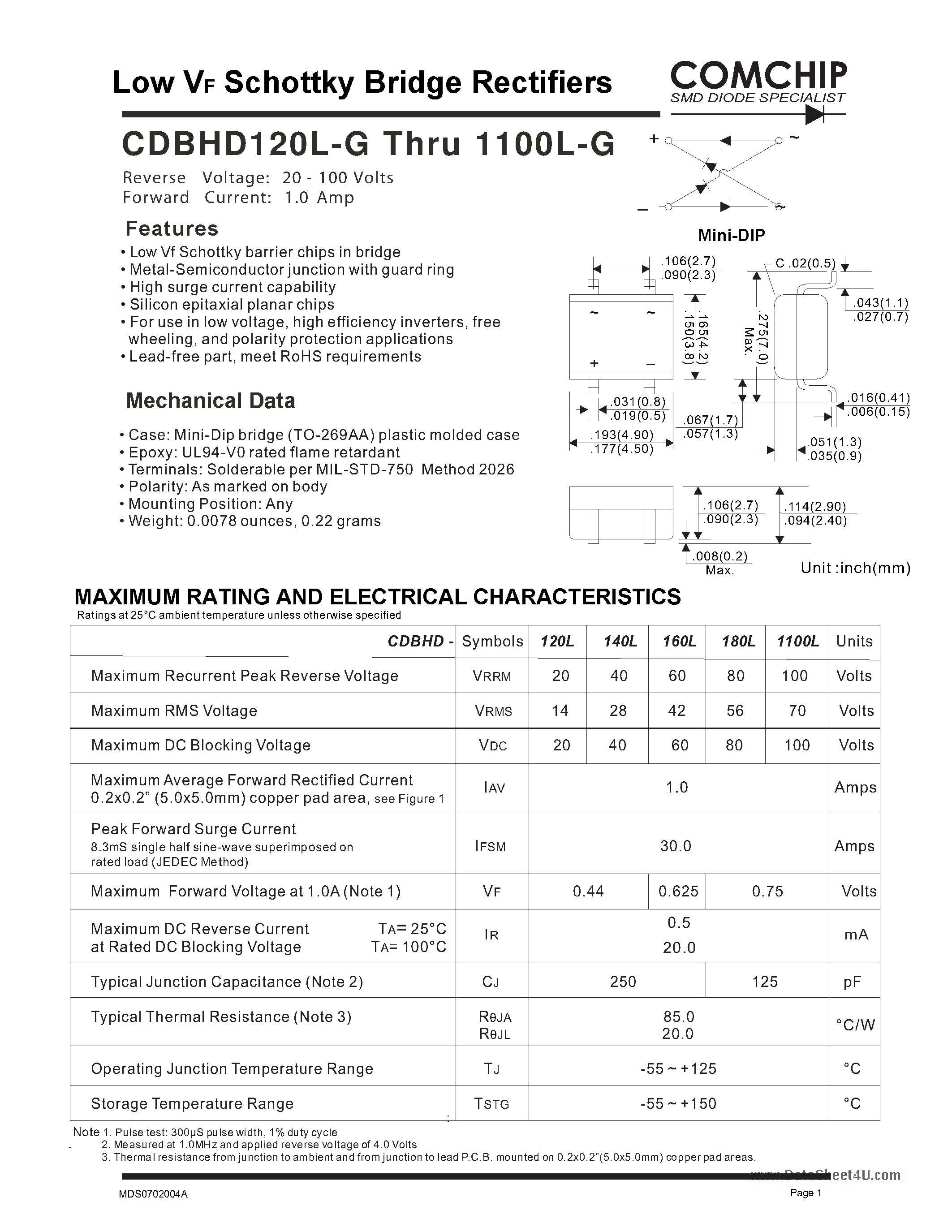 Даташит CDBHD1100L-G - (CDBHD120L-G - CDBHD1100L-G) Low VF Schottky Bridge Rectifiers страница 1