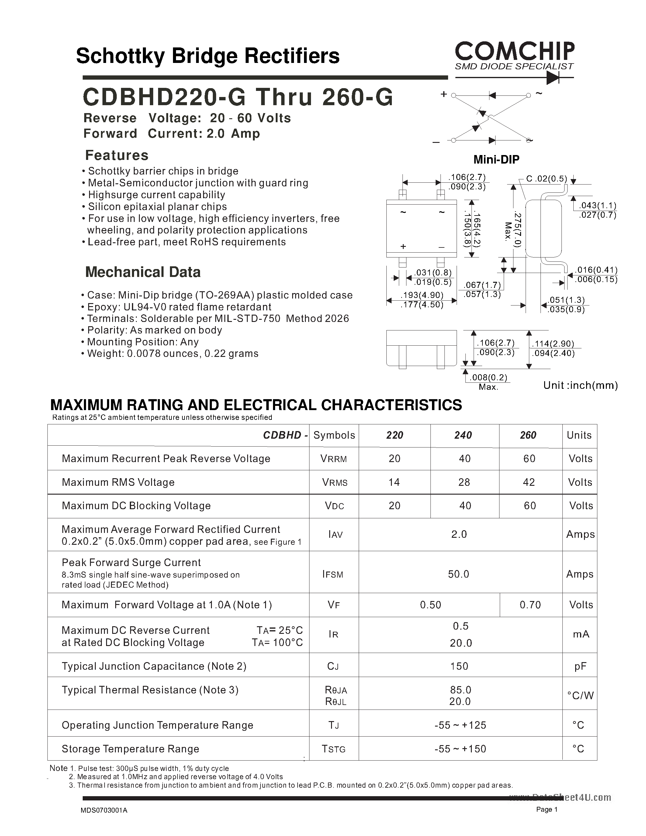 Даташит CDBHD220-G - (CDBHD220-G - CDBHD260-G) Schottky Bridge Rectifiers страница 1