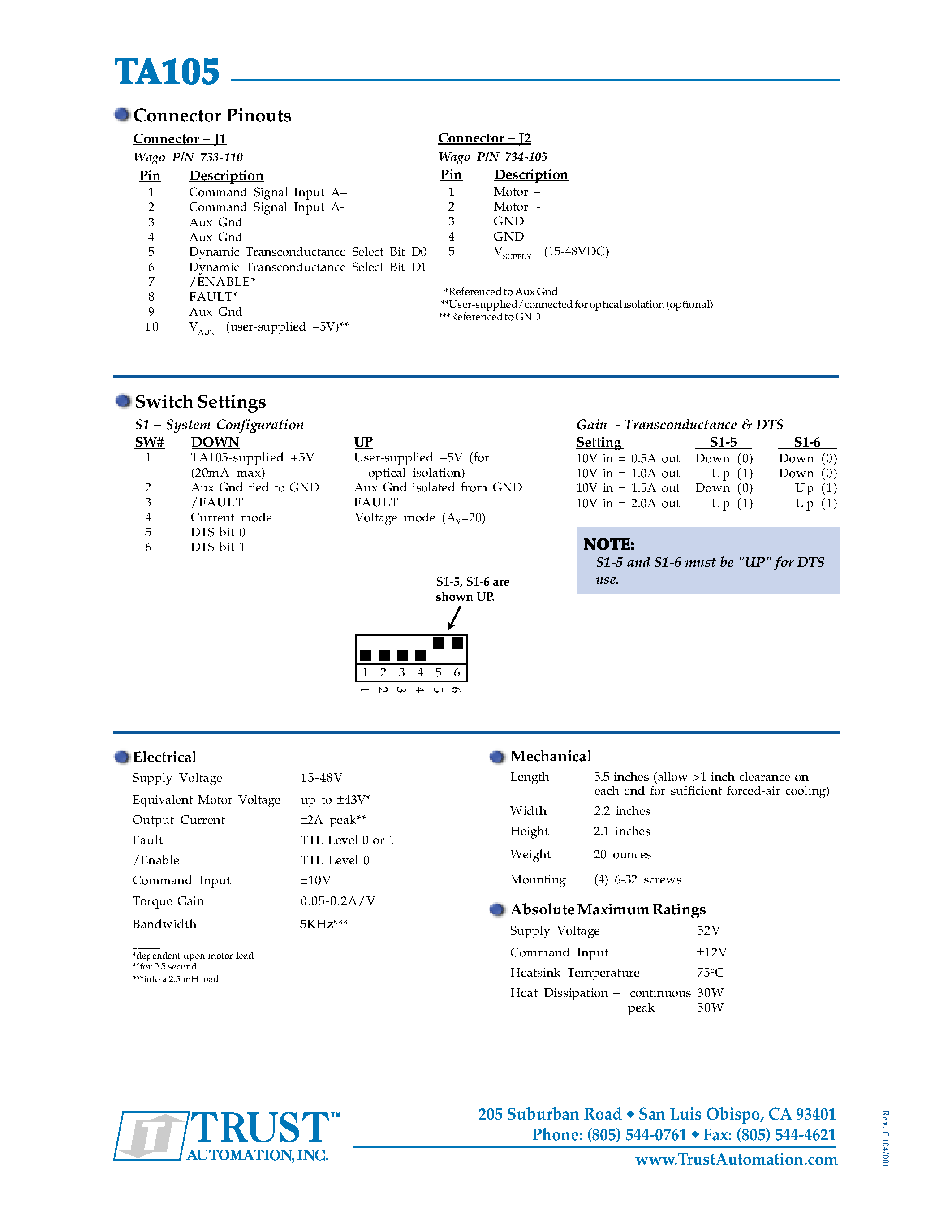 Datasheet TA105 - Micro-Power Motor Amplifier page 2
