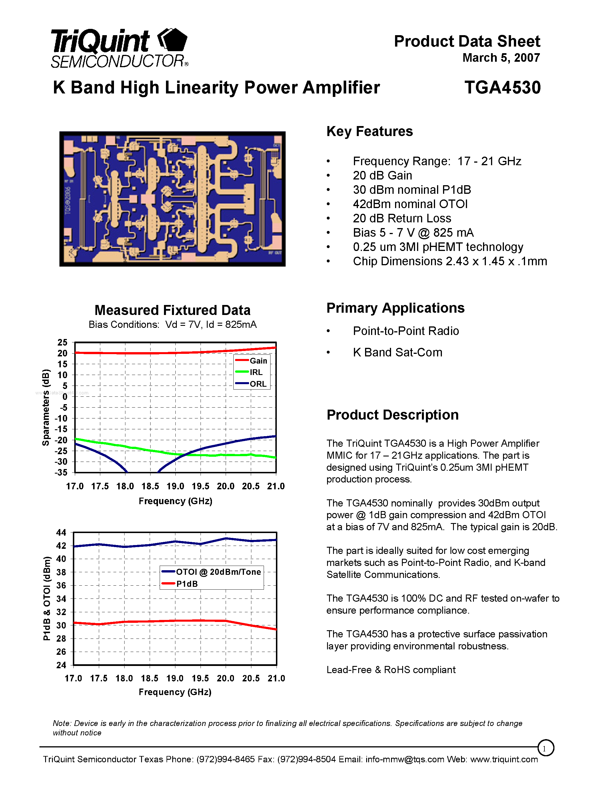 Datasheet TGA4530 - K Band High Linearity Power Amplifier page 1