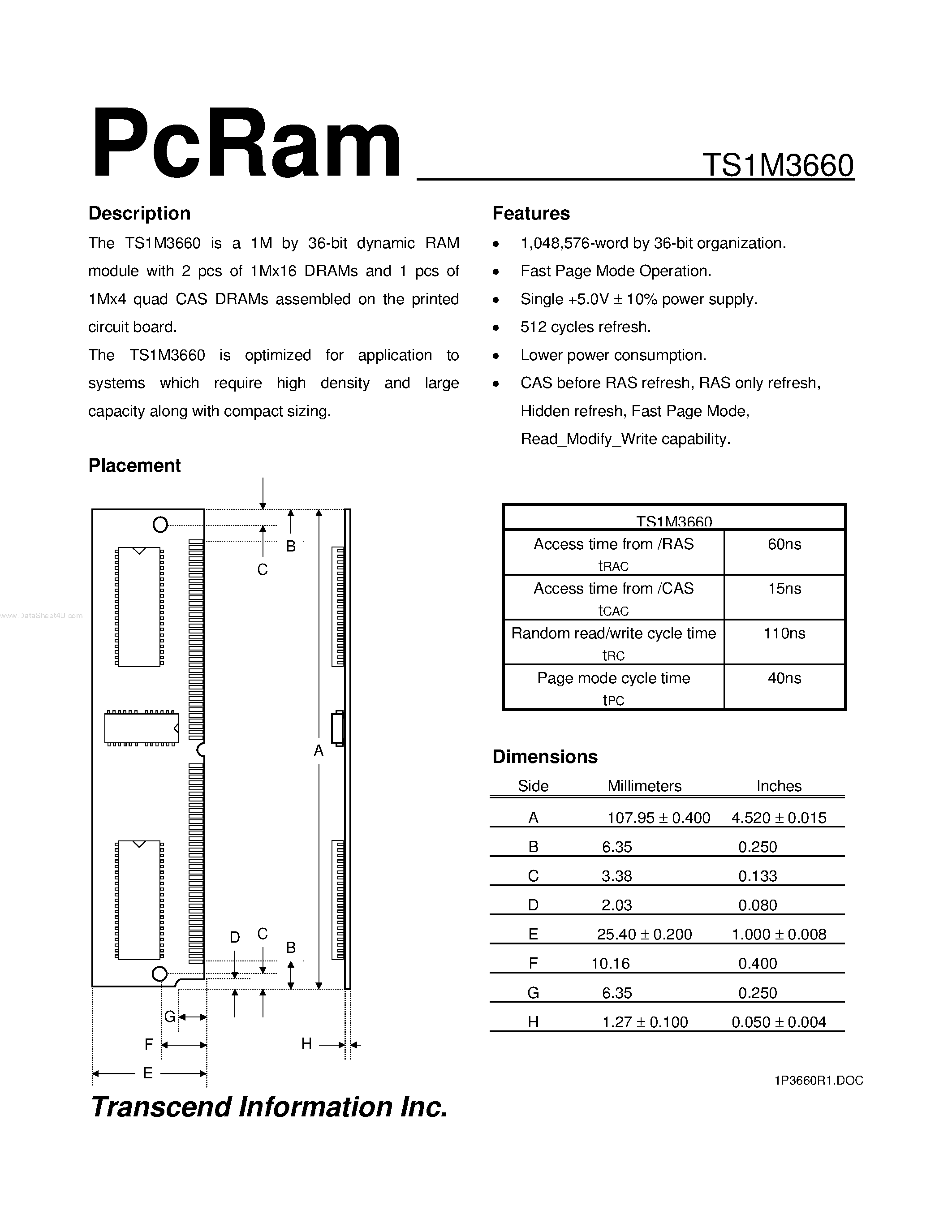 Даташит TS1M3660 - PcRam страница 1