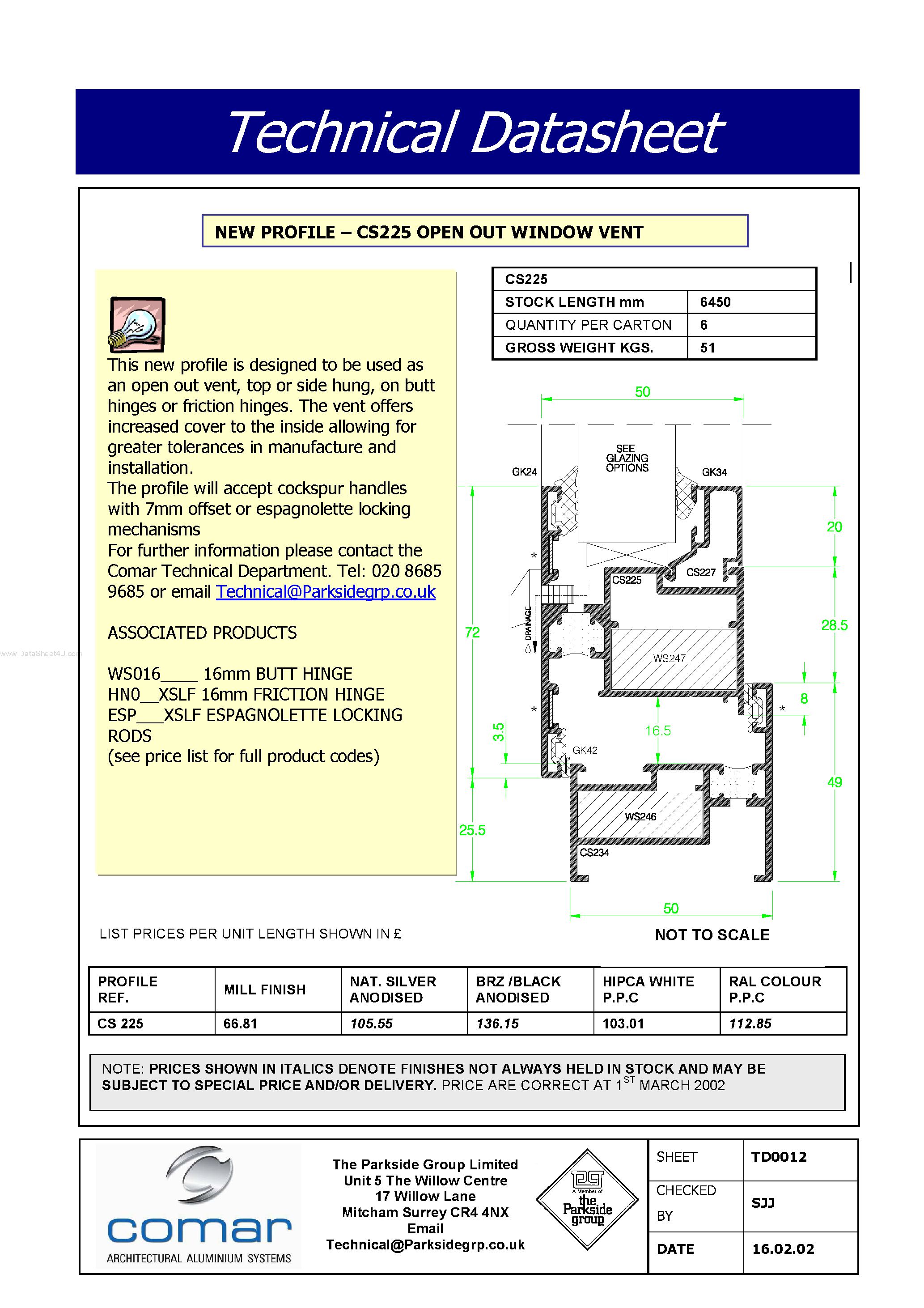 Datasheet CS225 - OPEN OUT WINDOW VENT page 1
