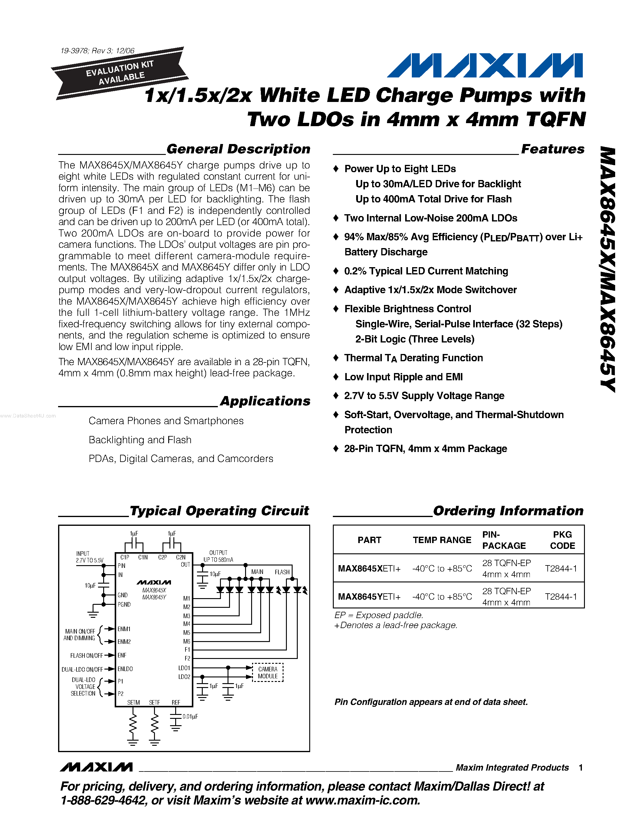 Datasheet MAX8645X - (MAX8645X/Y) 1x/1.5x/2x White LED Charge Pumps page 1