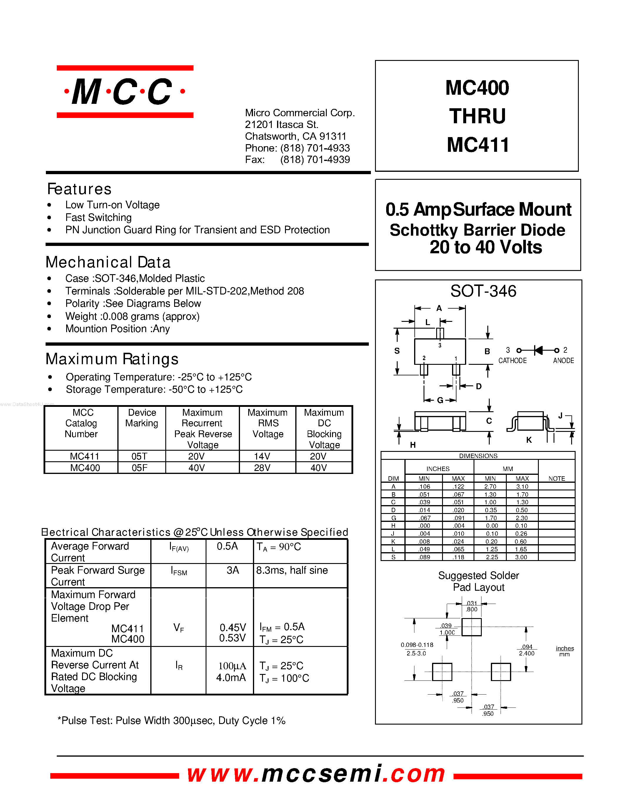 Datasheet MC400 - (MC400 - MC411) 20 to 40 Volts 0.5 Amp Surface Mount Schottky Barrier Diode page 1